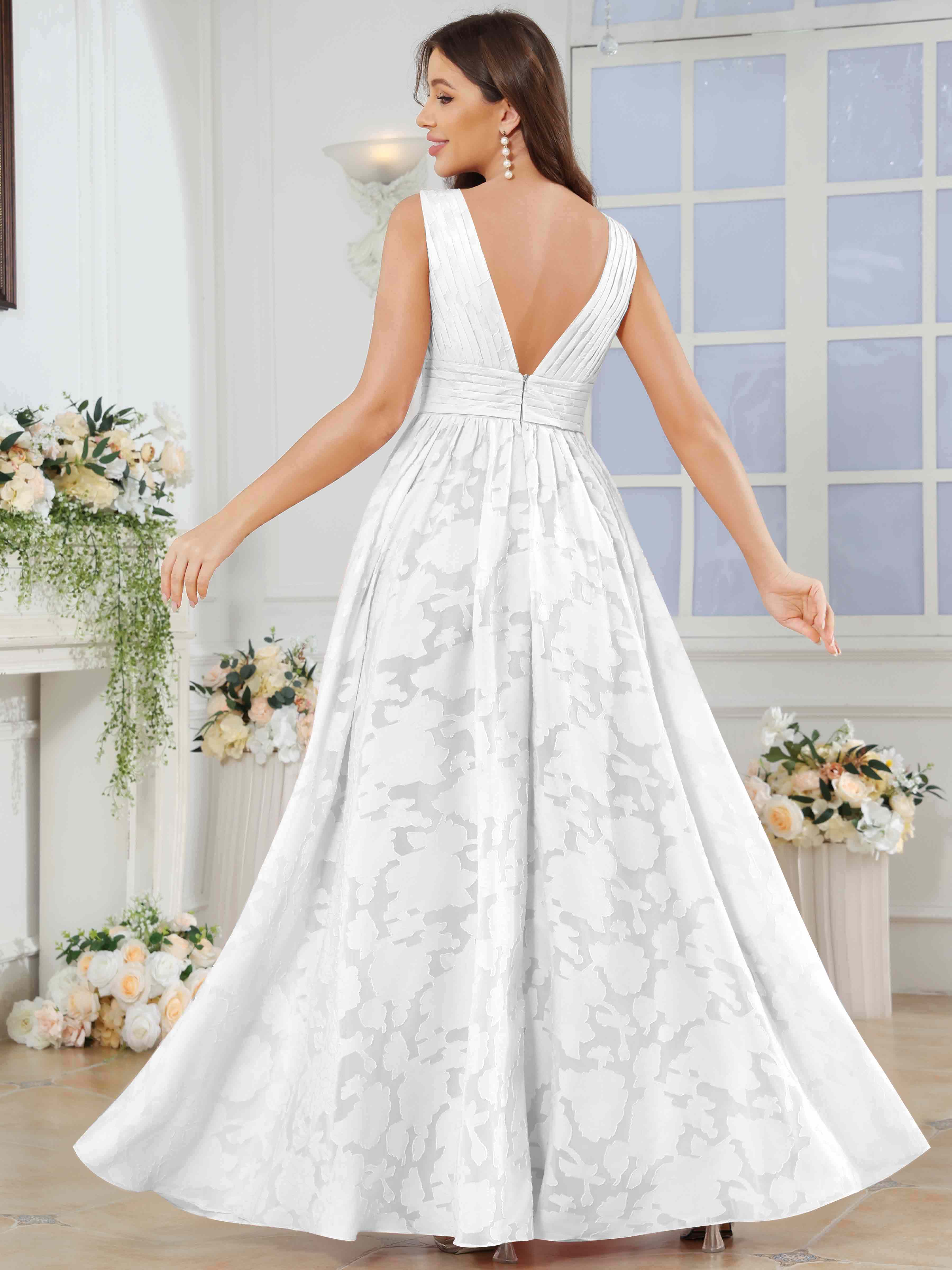 ROVDESY A-Line V-Neck Pleated Chiffon Jacquard Bridesmaid/Peom Dress With Slit