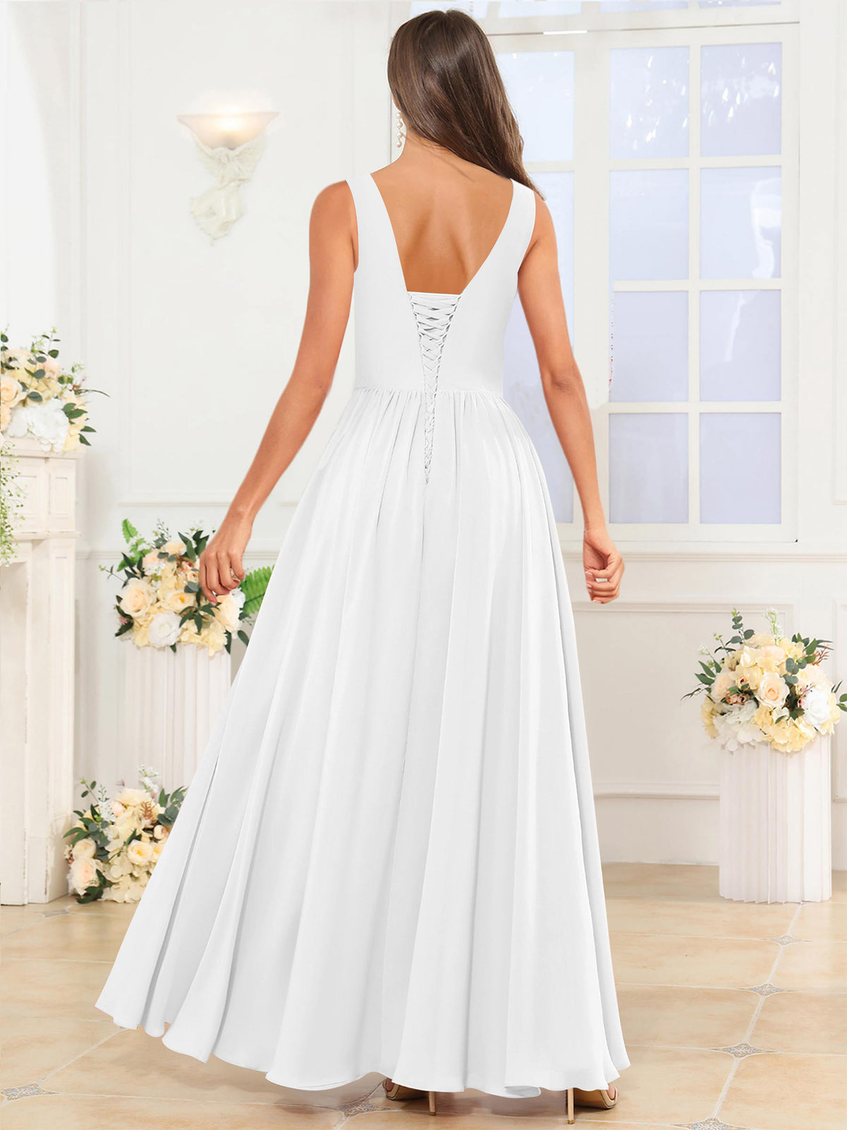 V Neck Chiffon A Line Bridesmaid Dress with Slit