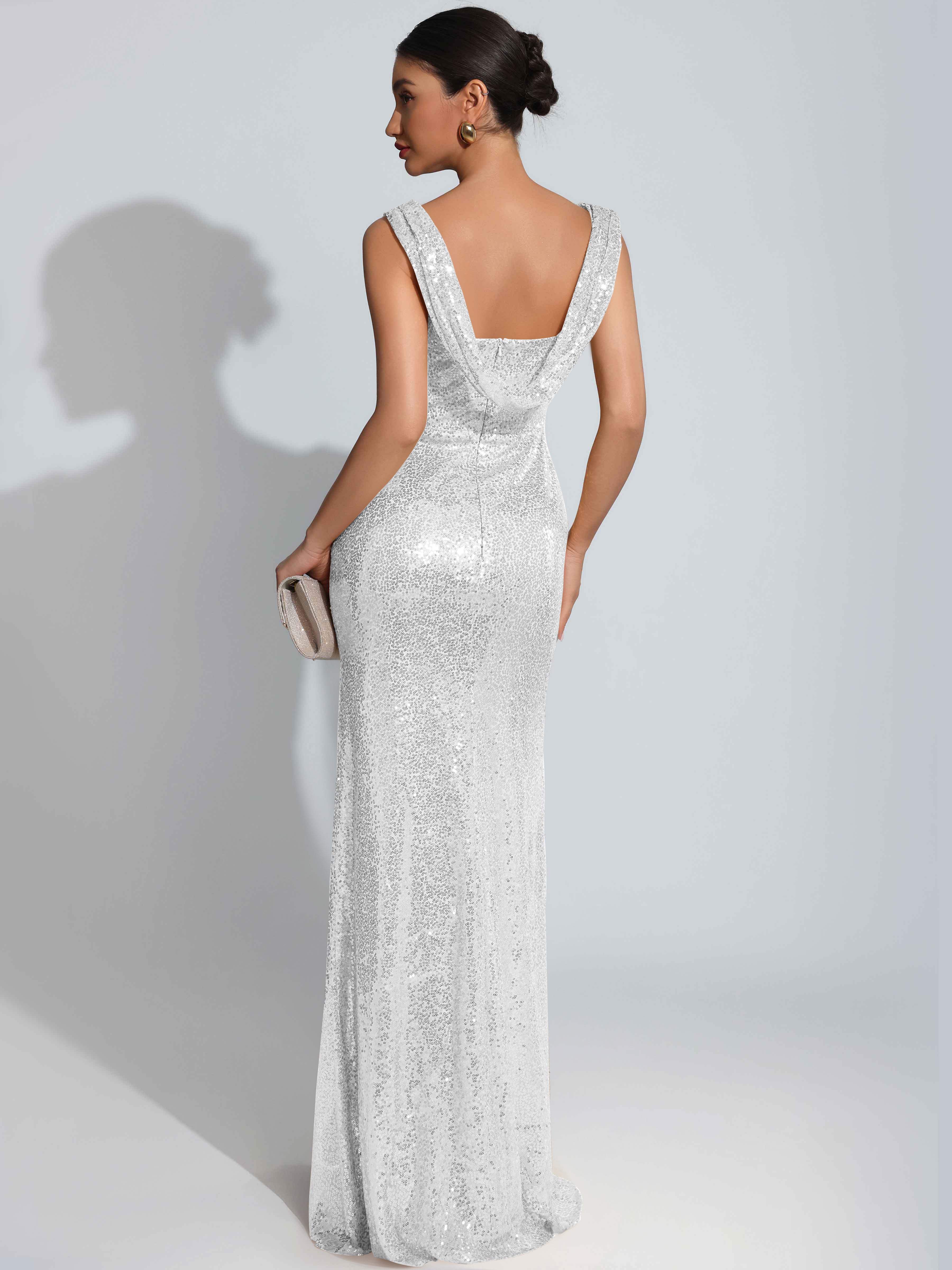 ROVDESY Sparkly Bateau Mermaid Ruched Sequin Long Prom Dress with Slit