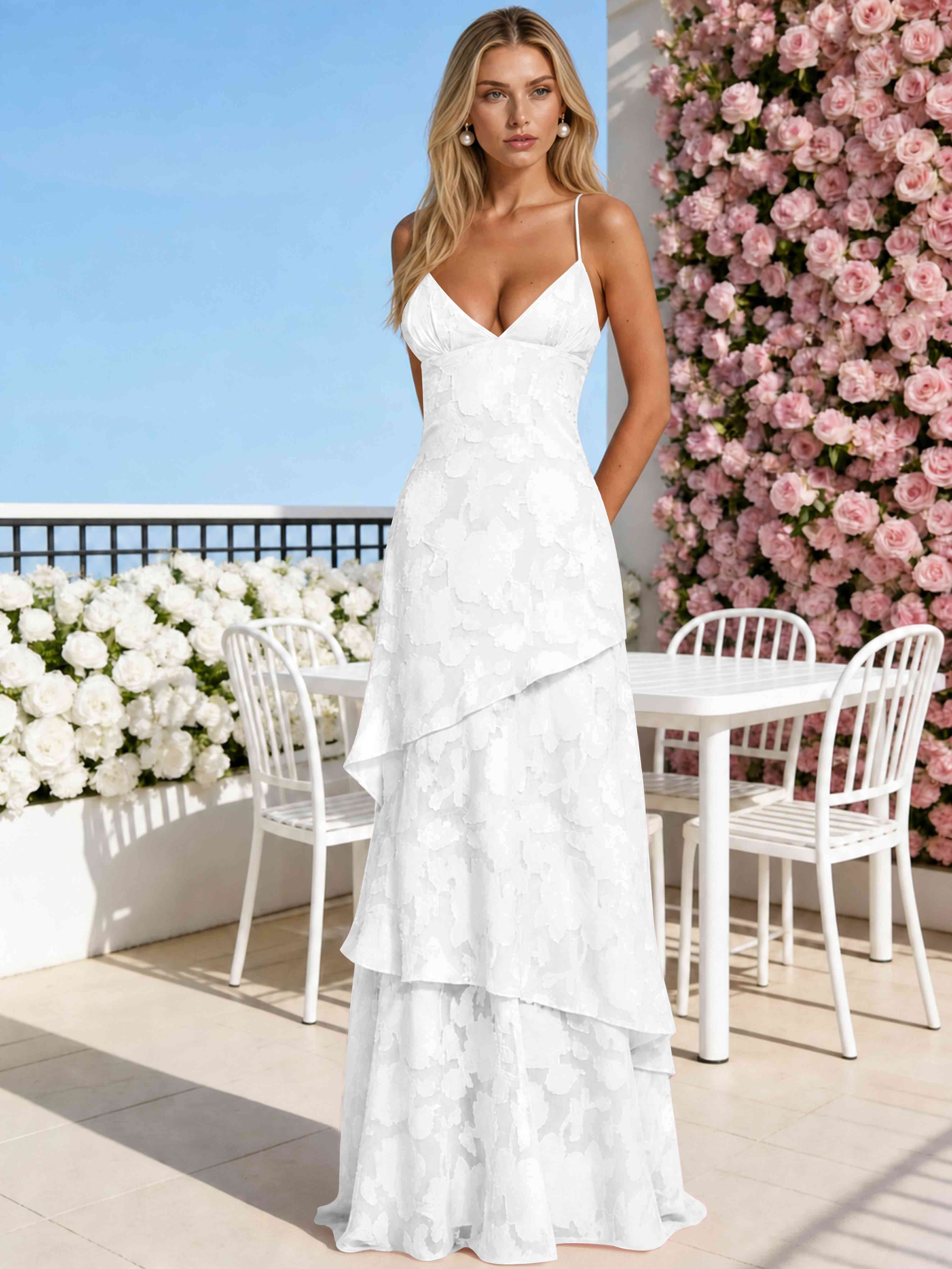 ROVDESY Spaghetti Strap V-Neck Chiffon Jacquard Tiered Ruffle Long Bridesmaid/Prom Dress