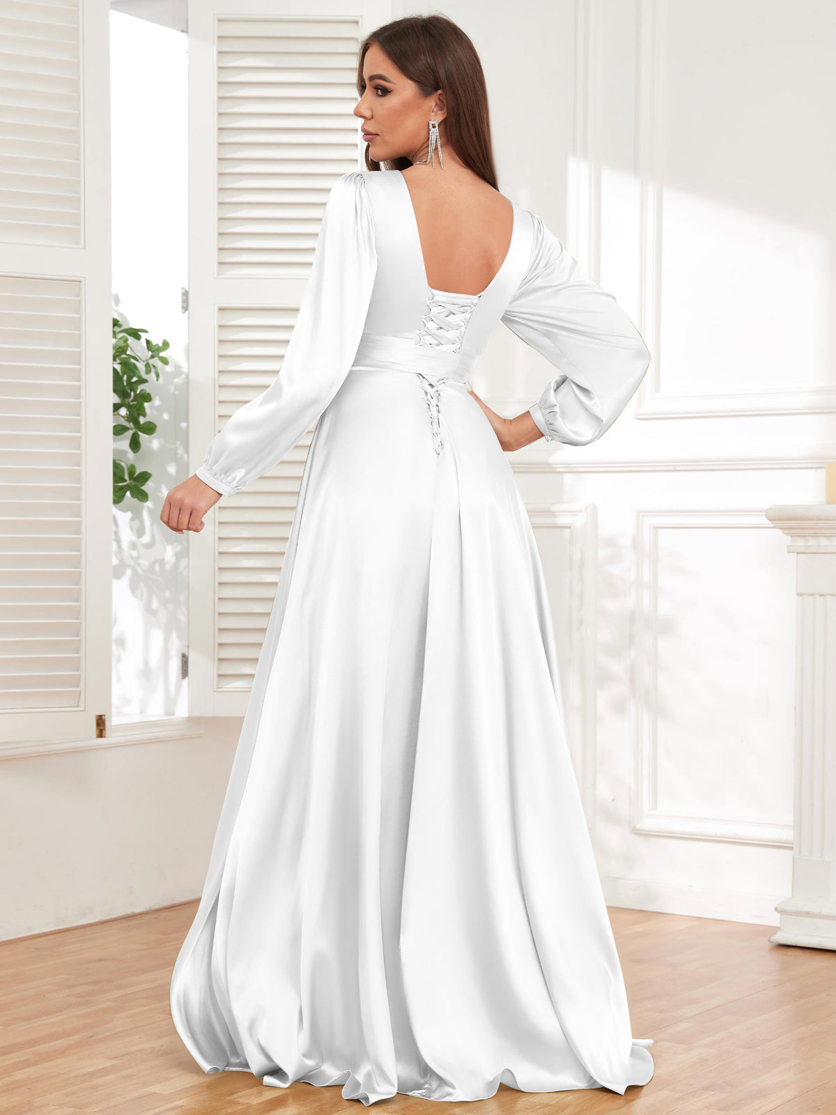 V Neck Satin Long Sleeve Bridesmaid Dress with Slit
