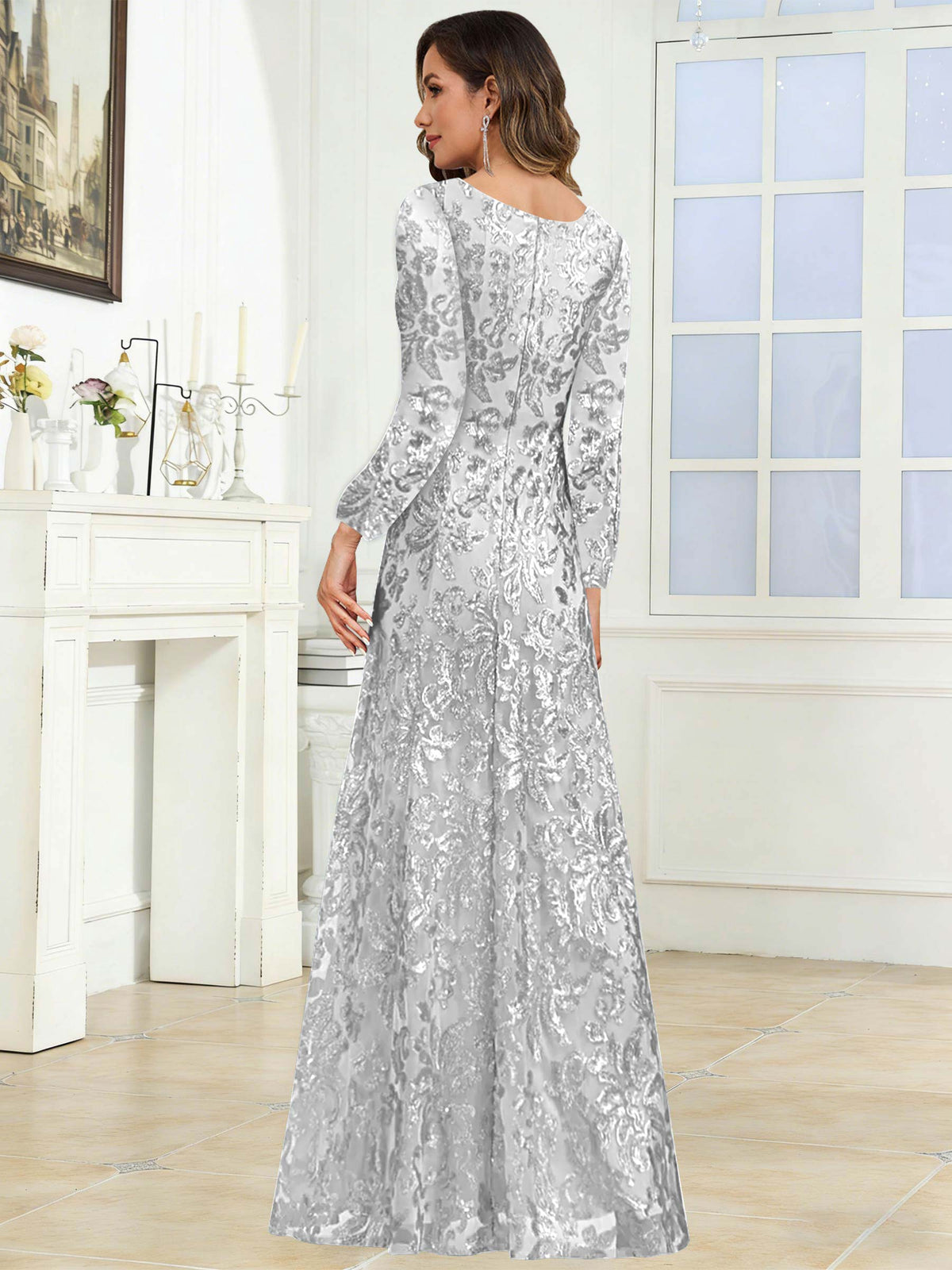 Crew Neck Sequin Lace Long Sleeve Mother of the Bride Dress