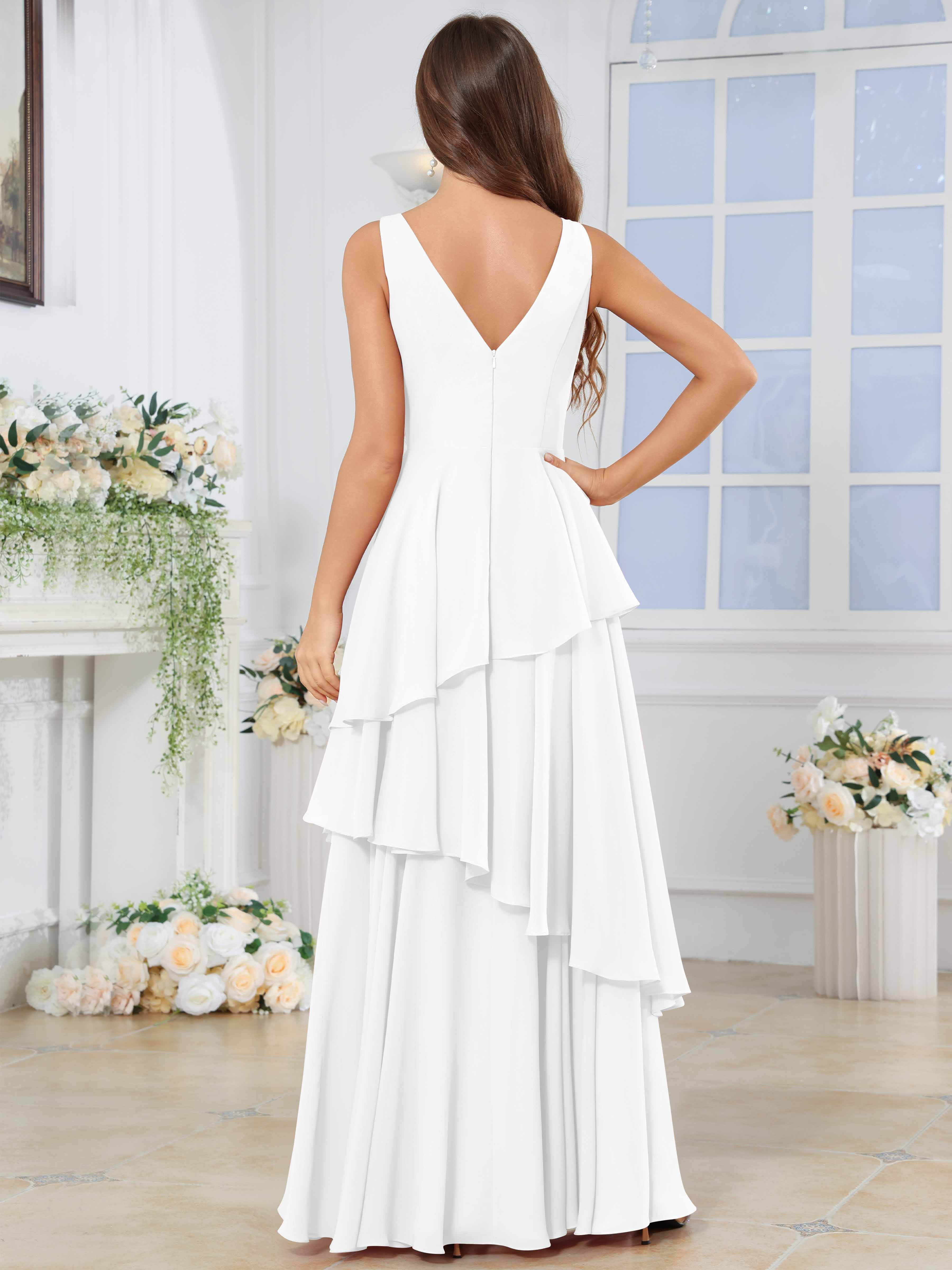 ROVDESY Long Sleeveless V-Neck Tiered Pleated Chiffon Bridesmaid Dress