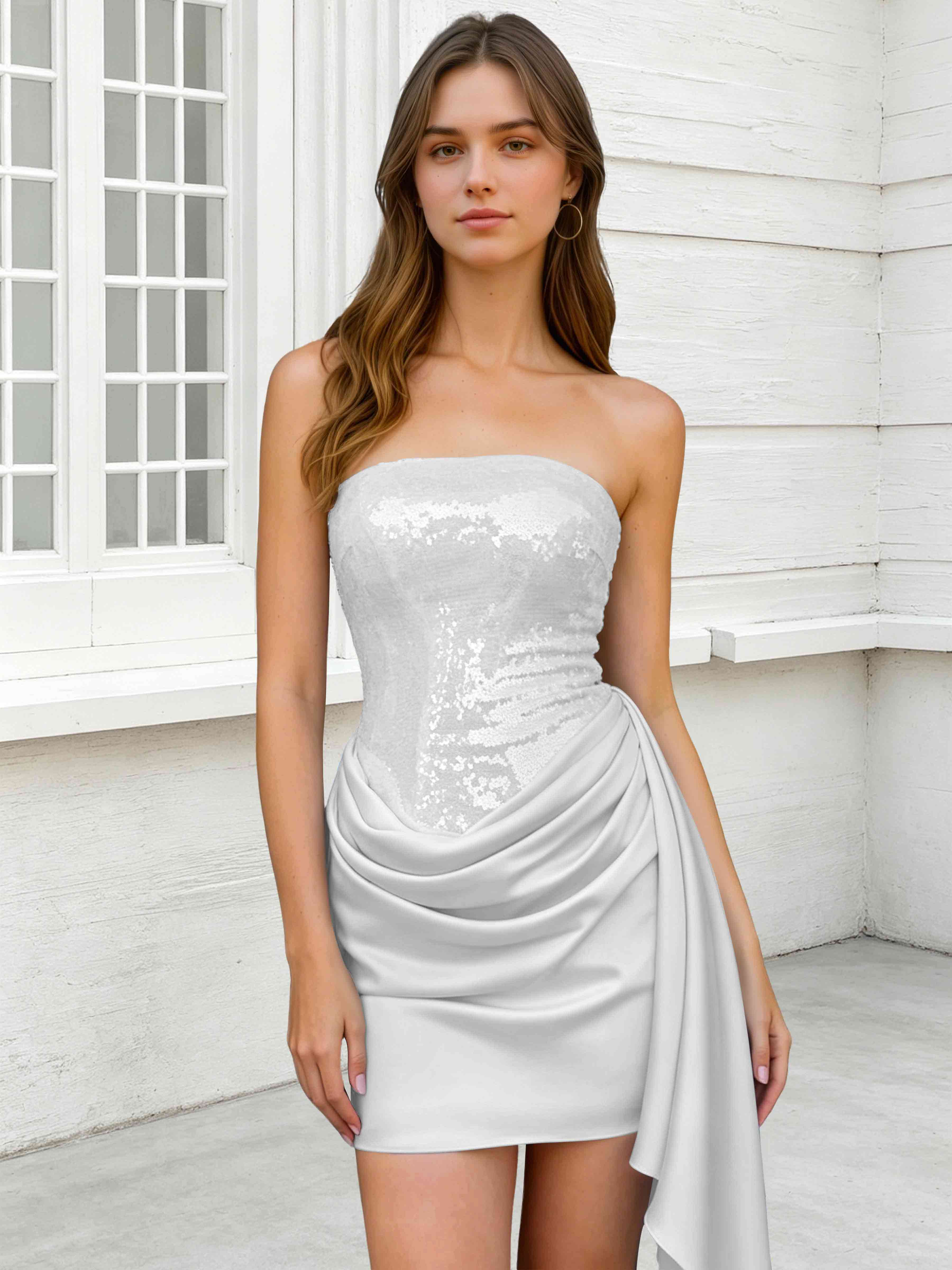 ROVDES Strapless Sequin Satin Tight Homecoming Mini Dress With Side Sash