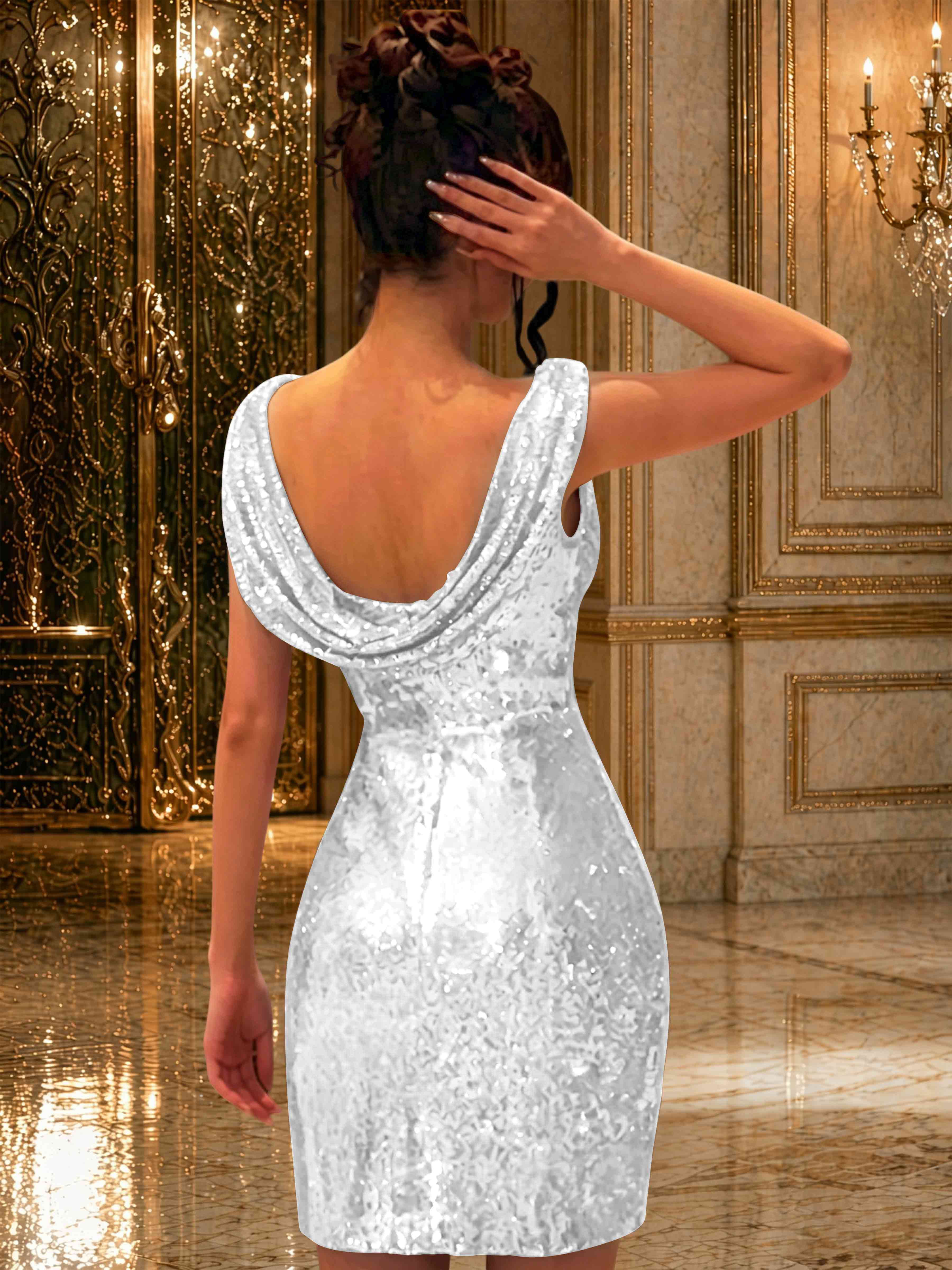 ROVDES Sparkly Off The Shoulder Ruched Sequin Tight Homecoming Mini Dress