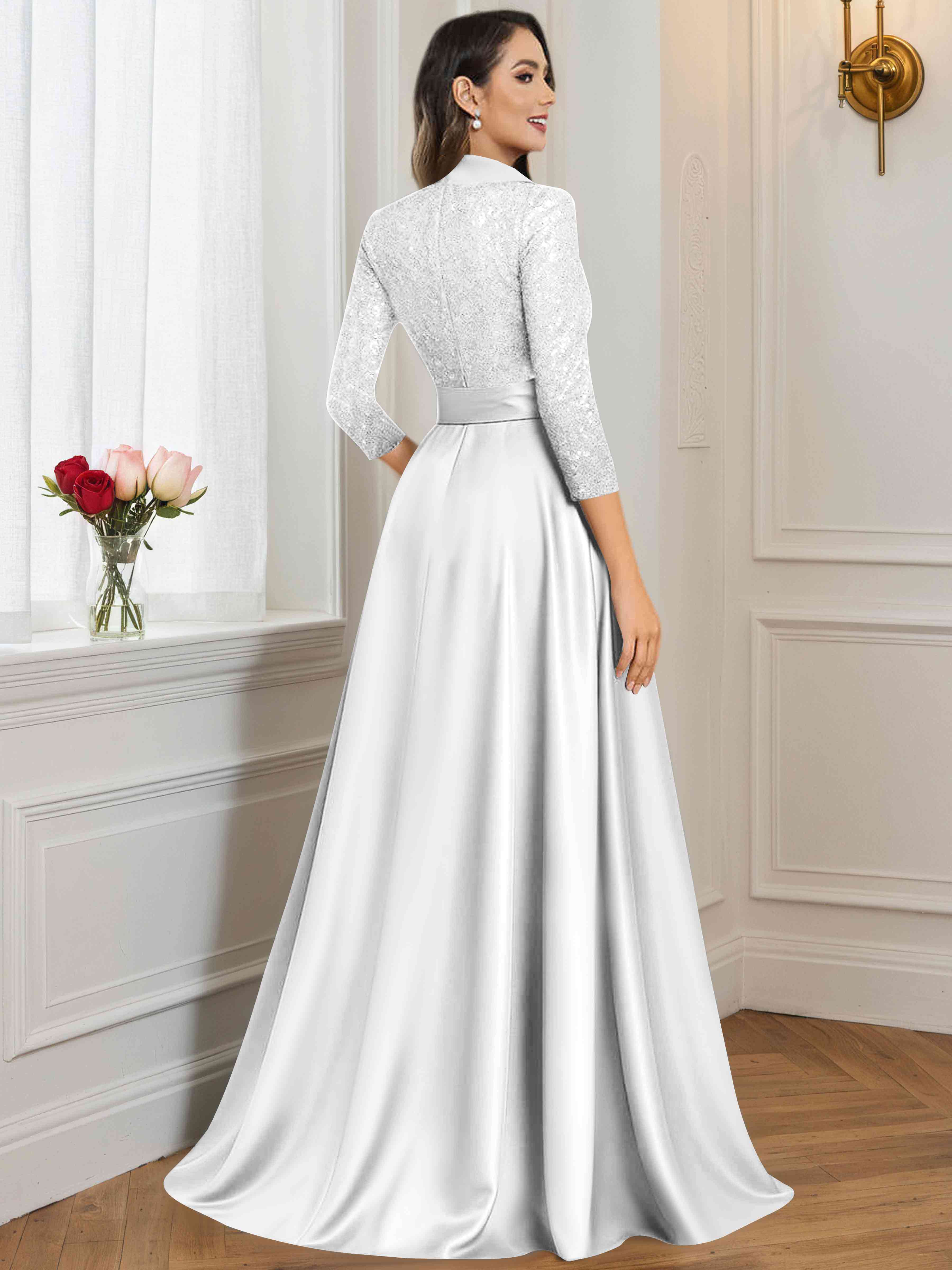 ROVDESY A-Line V Neck Sequin Satin  Long Mother of The Bride Dress Formal Gown With 3/4 Sleeves