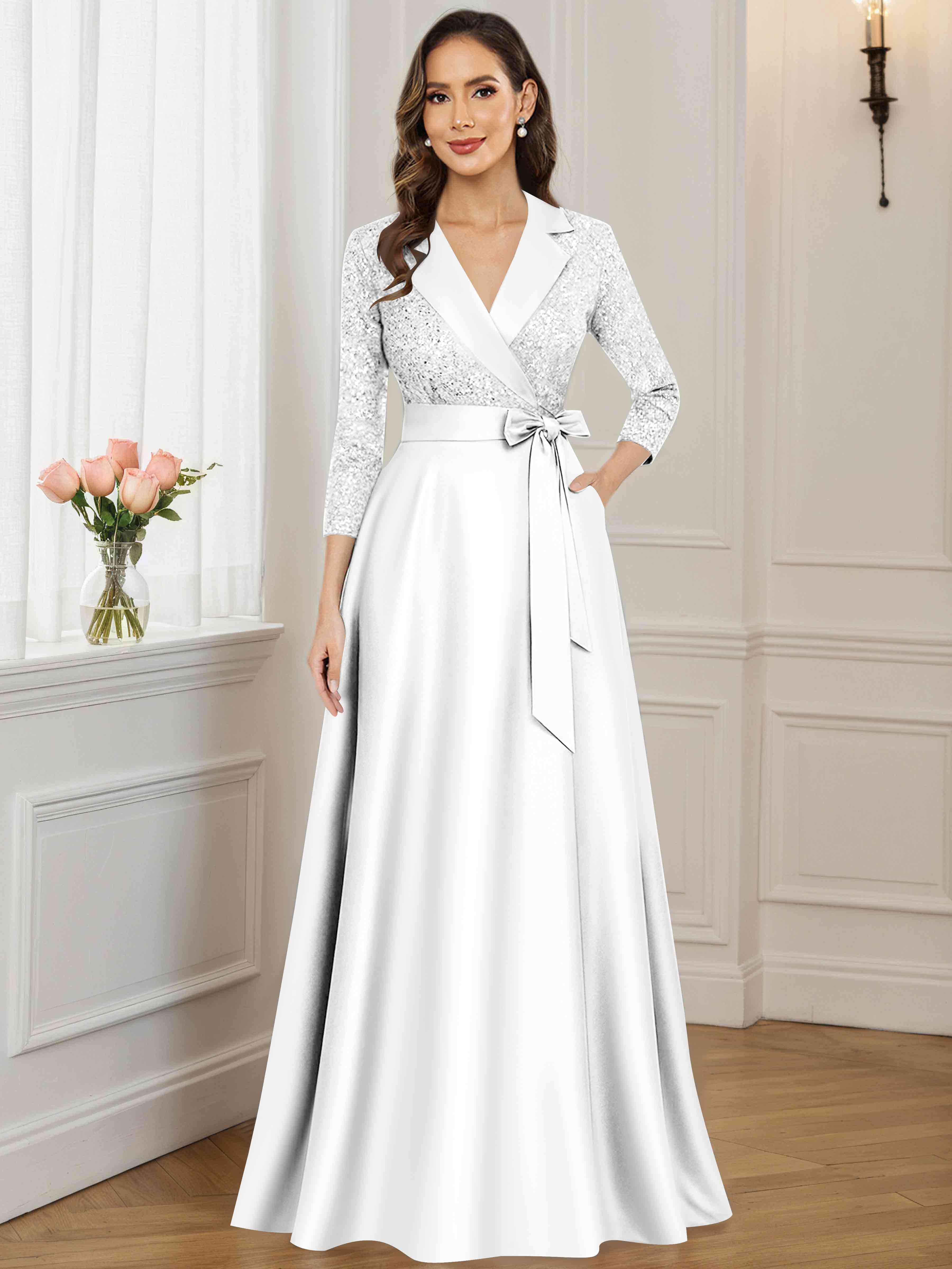 ROVDESY A-Line V Neck Sequin Satin  Long Mother of The Bride Dress Formal Gown With 3/4 Sleeves