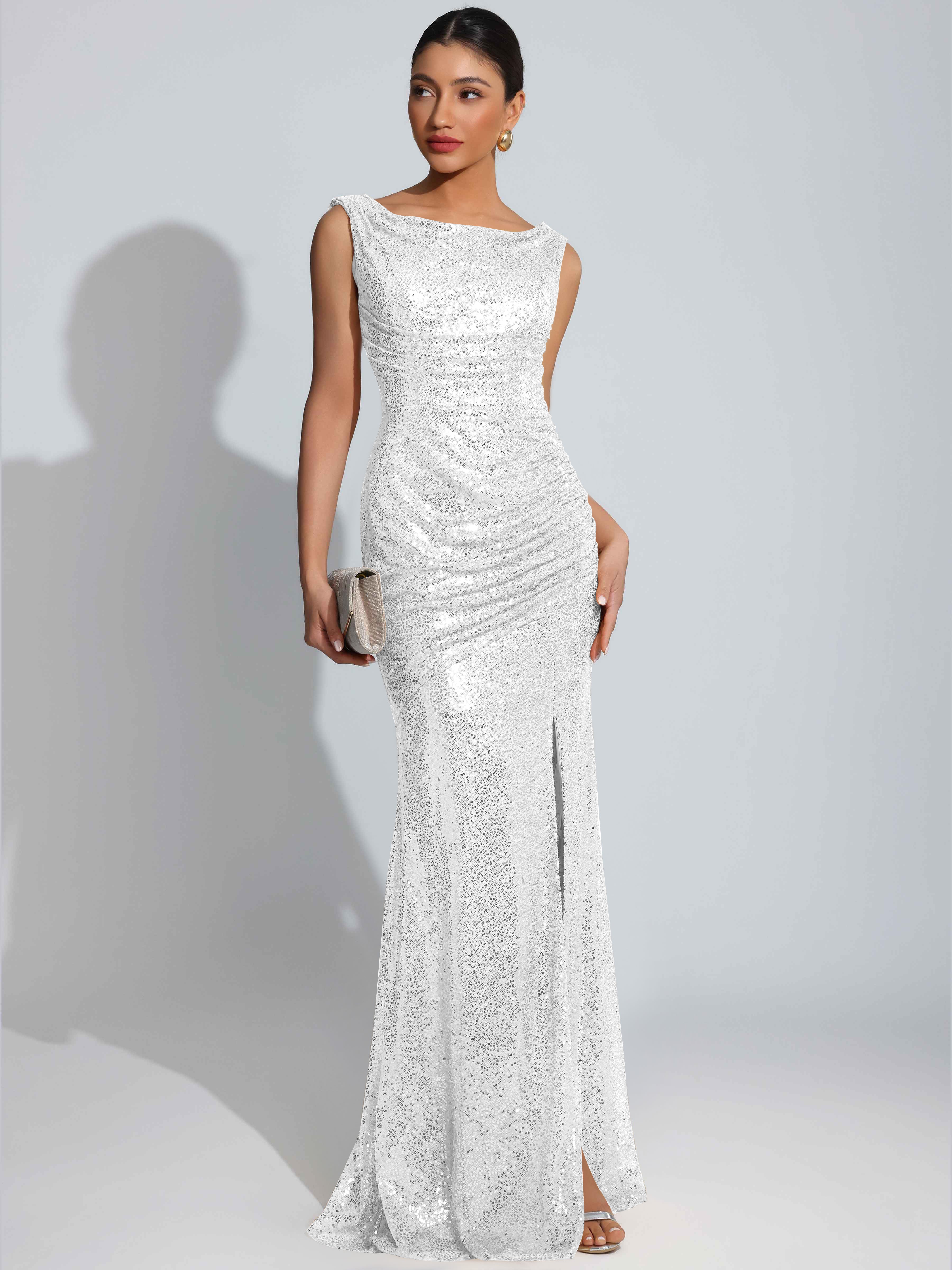 ROVDESY Sparkly Bateau Mermaid Ruched Sequin Long Prom Dress with Slit