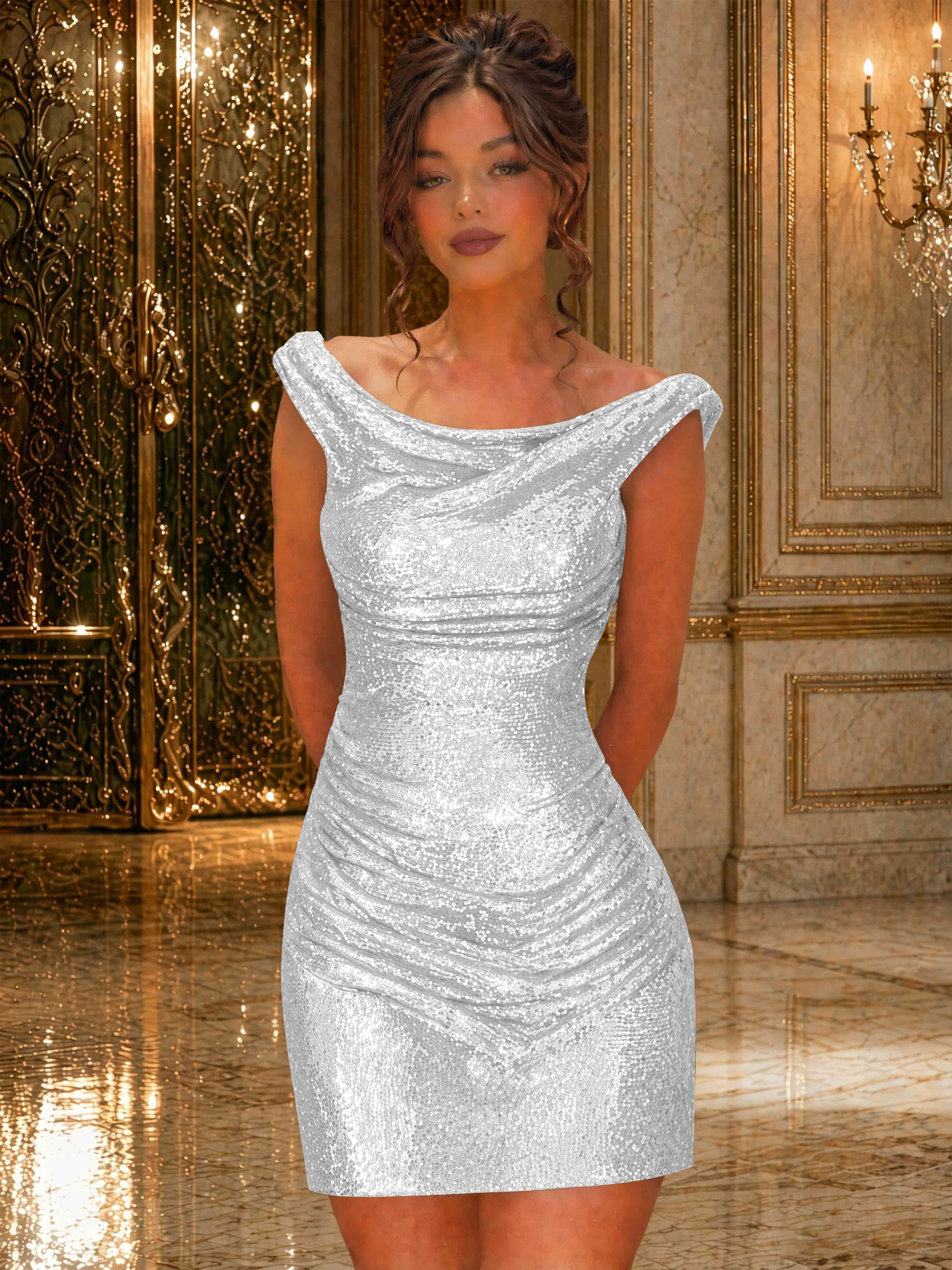ROVDES Sparkly Off The Shoulder Ruched Sequin Tight Homecoming Mini Dress