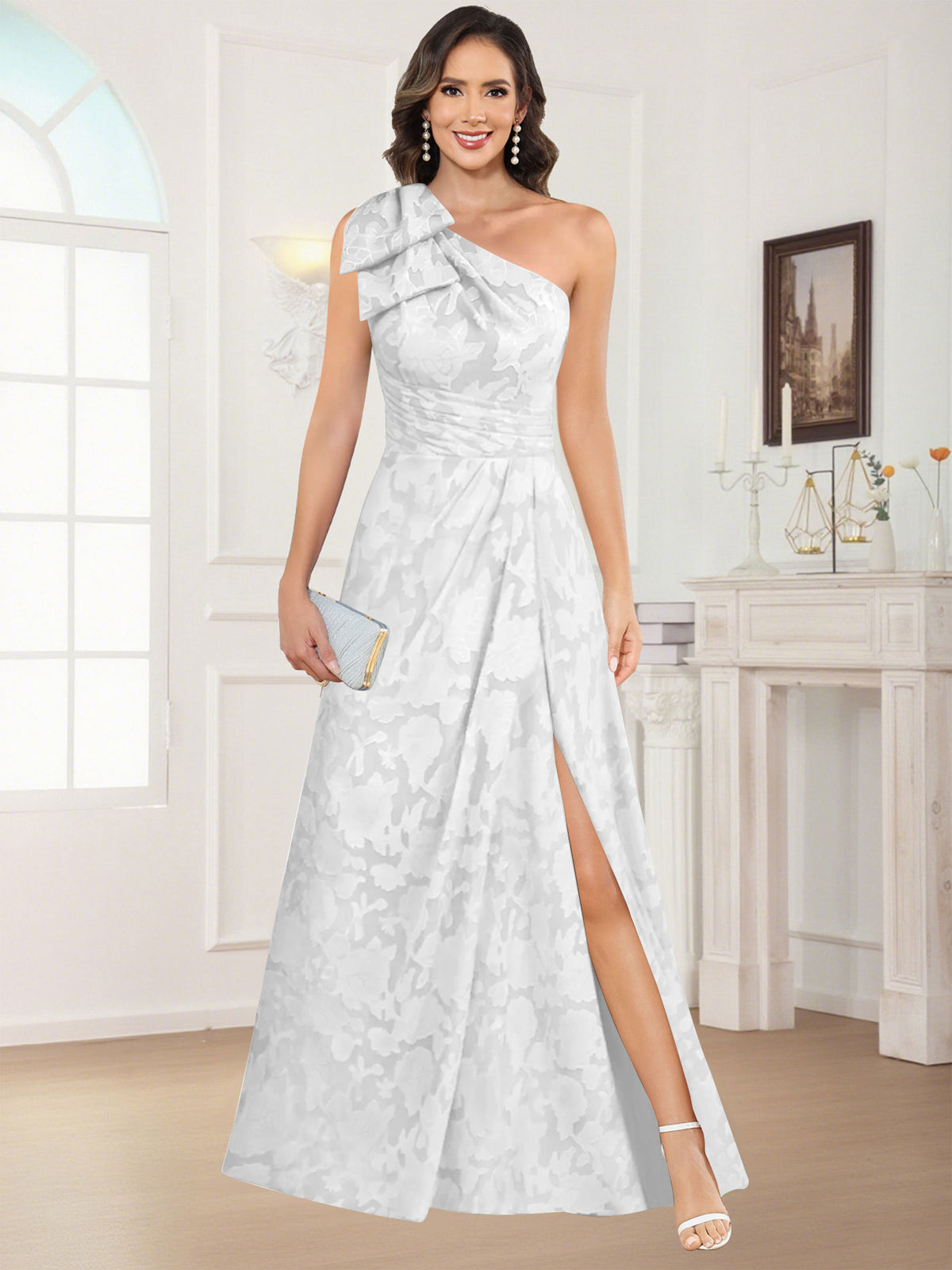 One Shoulder Floral Jacquard Mother of the Bride Dress