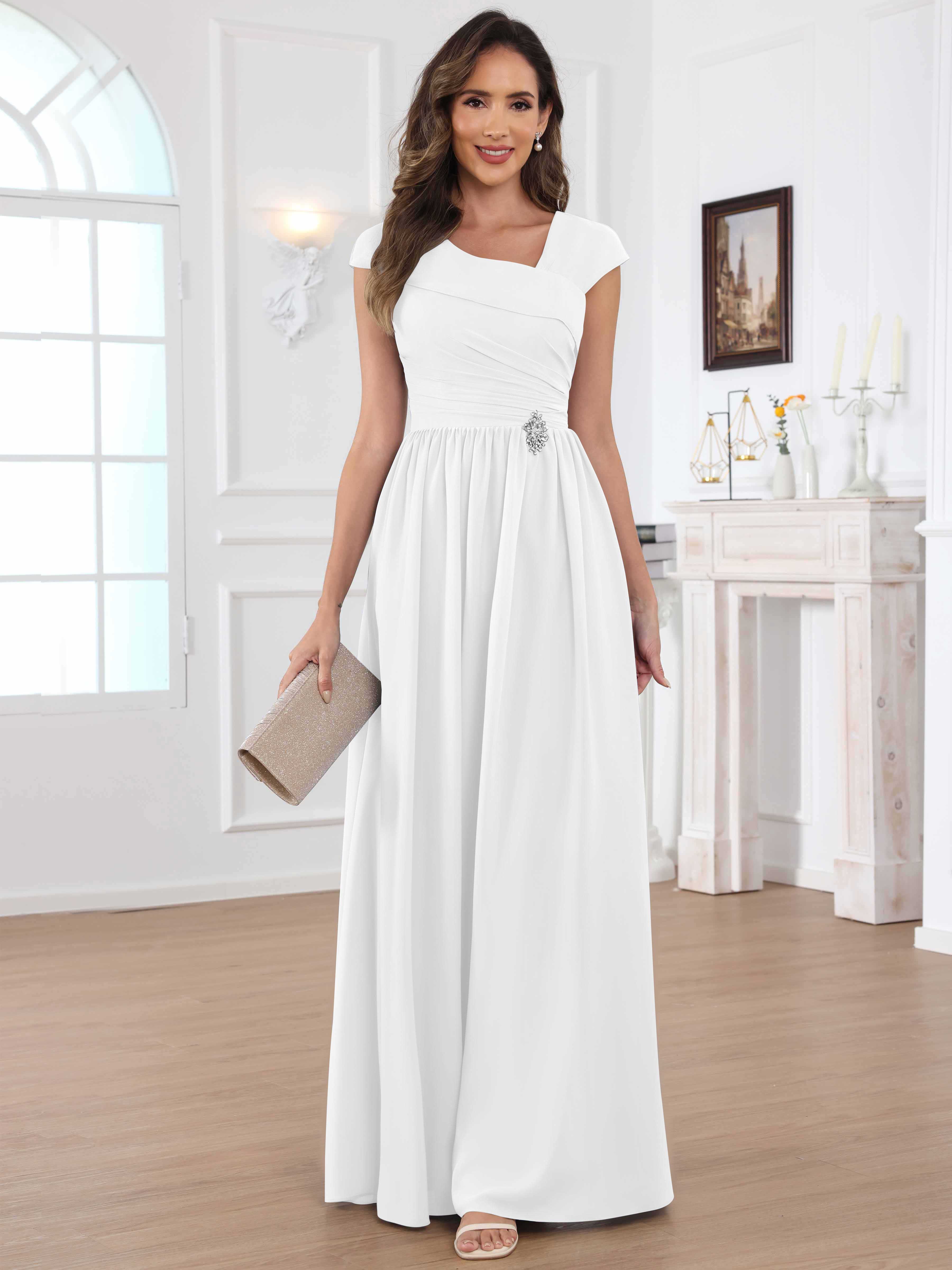 ROVDESY A-Line Cap Sleeves Pleated Chiffon Mother Of The Bride Dress