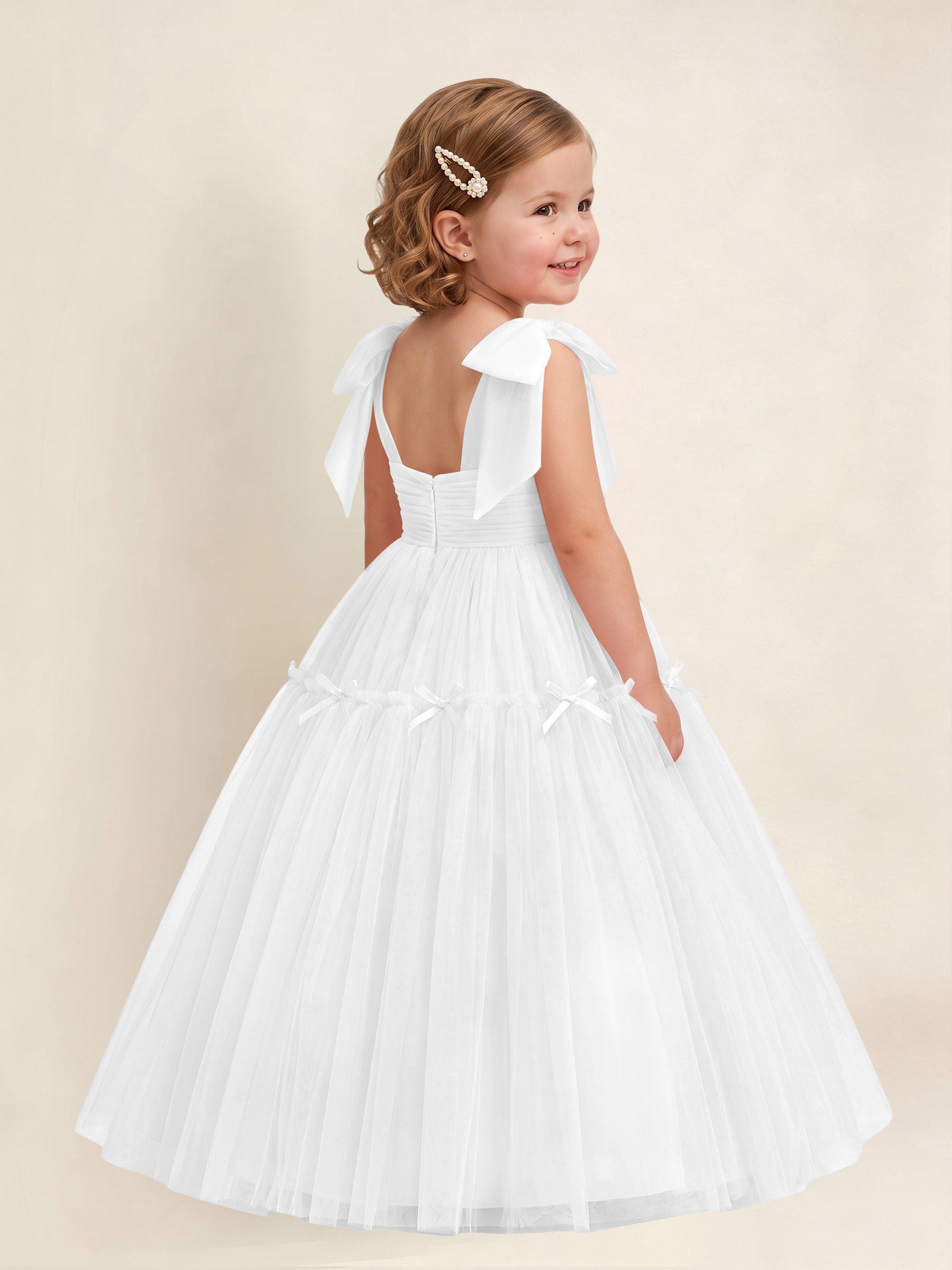 ROVDESY A-Line Tulle Flower Girl Dress With Bow Long Ball Gown Dress