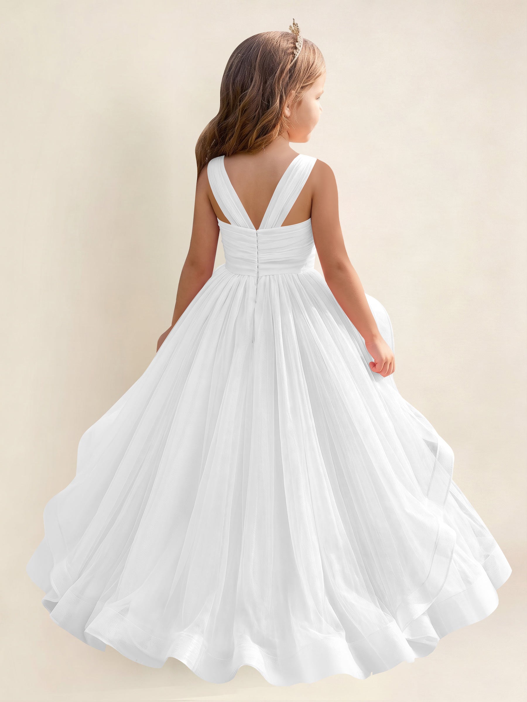 ROVDESY A-Line V-Neck Tulle Flower Girl Dress With Sleeveless Long Ball Gown Dress