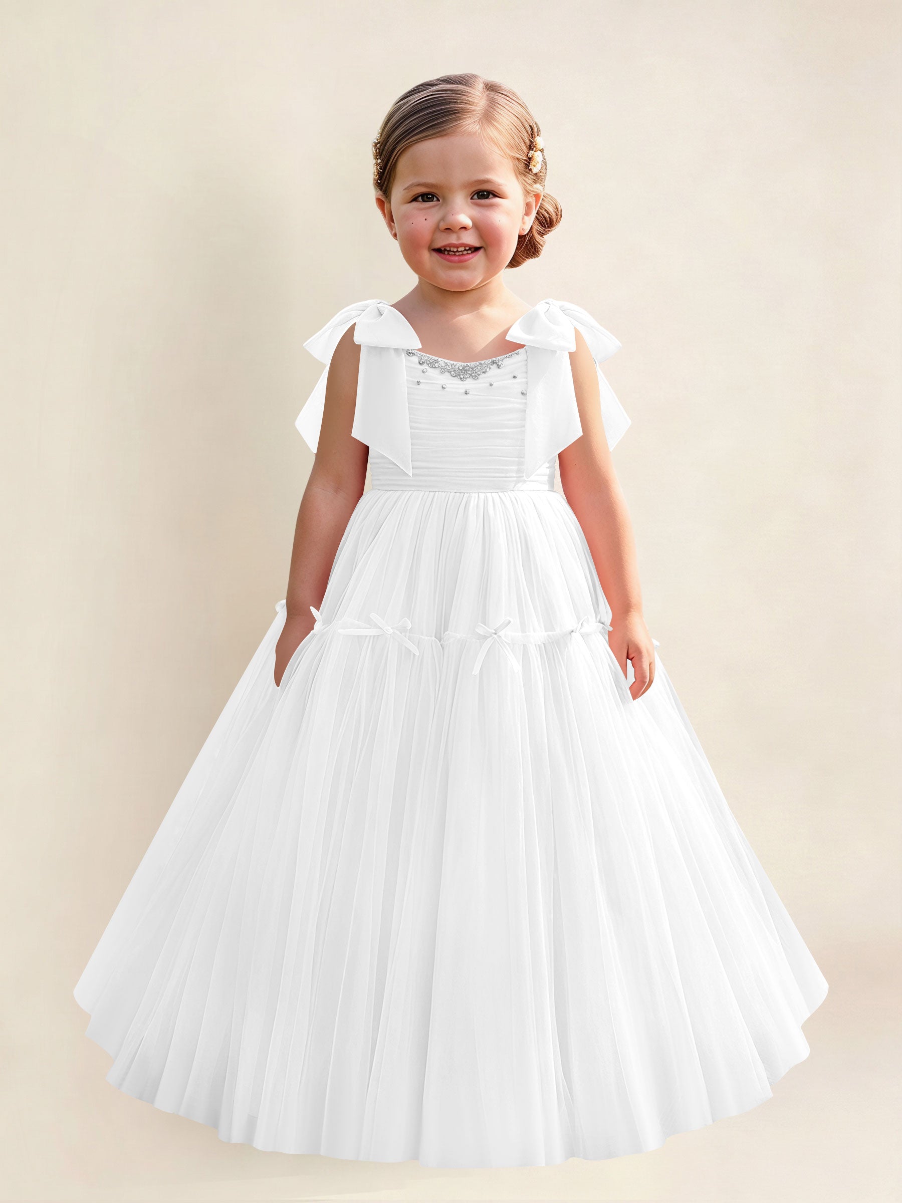 ROVDESY A-Line Tulle Flower Girl Dress With Bow Long Ball Gown Dress
