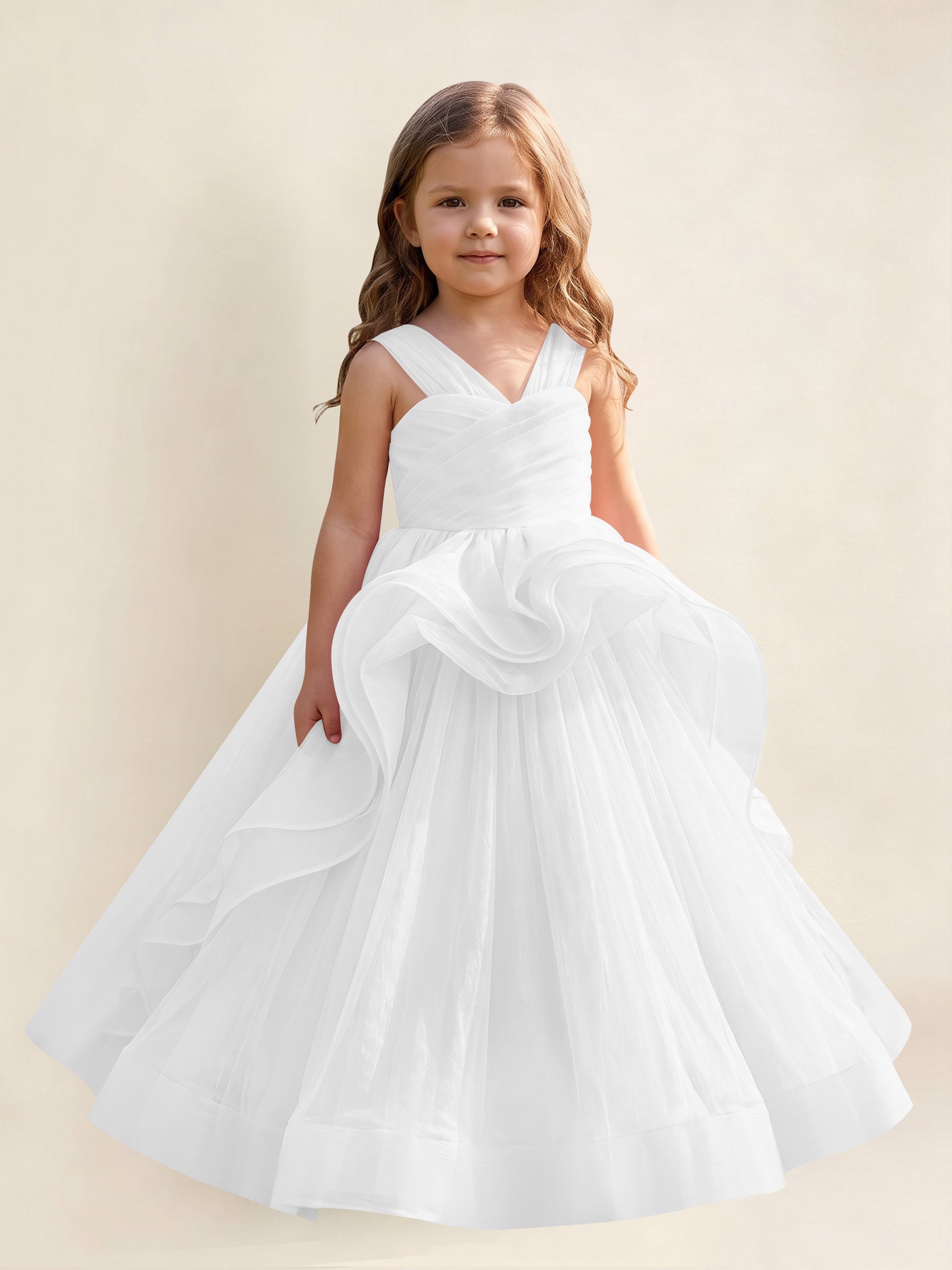 ROVDESY A-Line V-Neck Tulle Flower Girl Dress With Sleeveless Long Ball Gown Dress