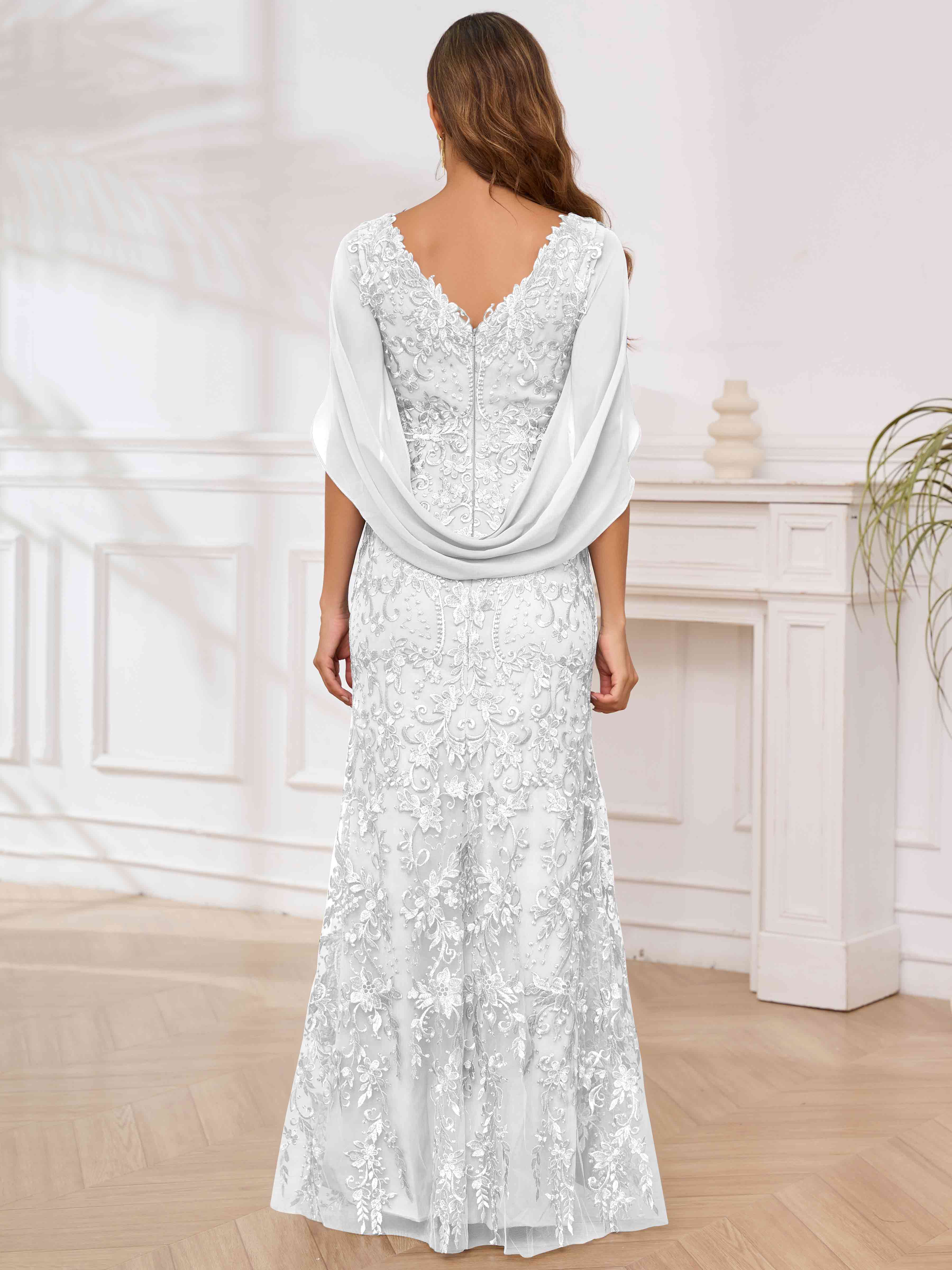 ROVDESY V-Neck Lace Mermaid Mother Of The Bride Dress With Cape Sleeves Long Formal Gown