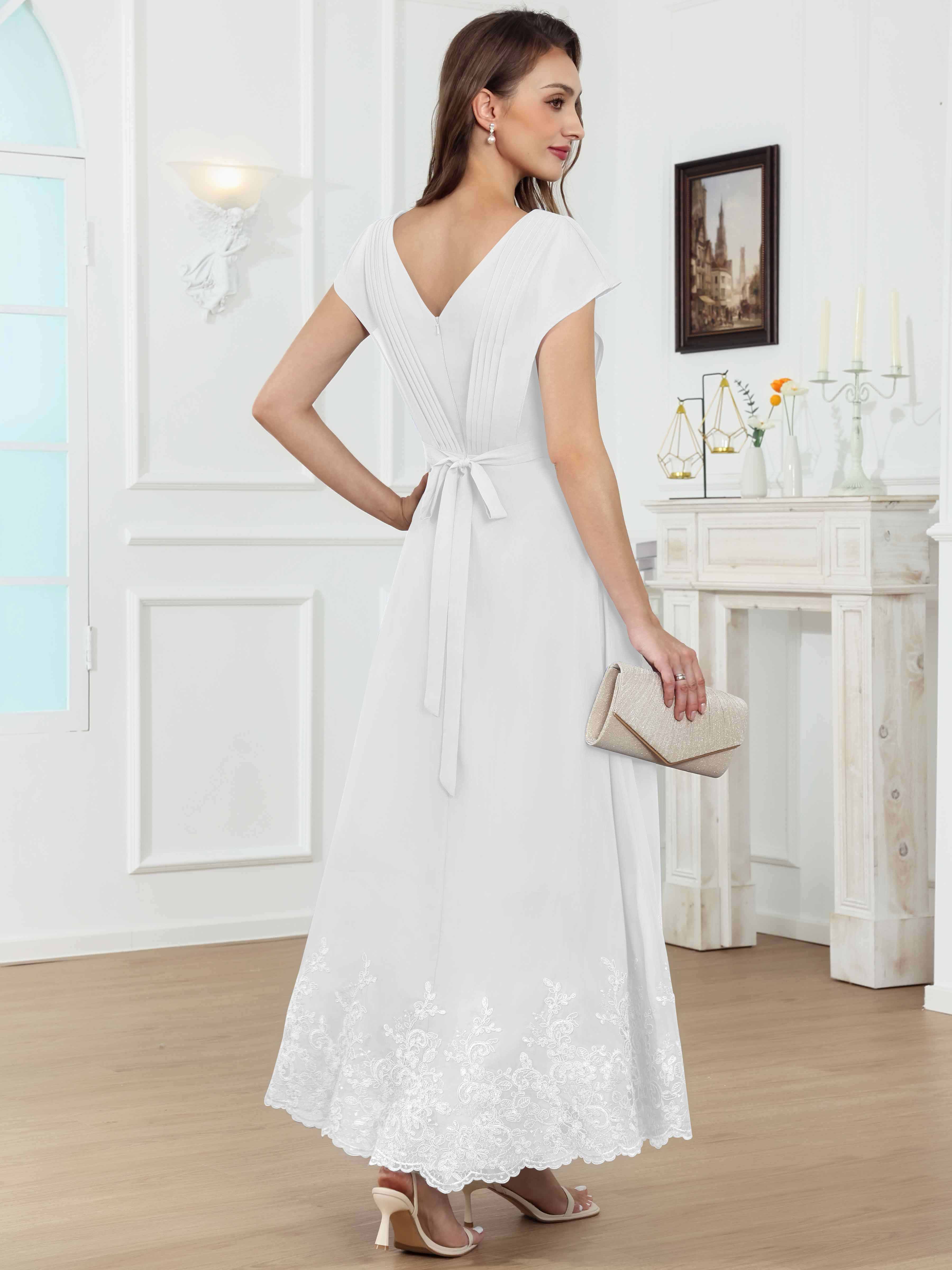 ROVDESY Tea Length High-Low V-Neck Ruched Lace Chiffon Mother of The Bride Dress for Women