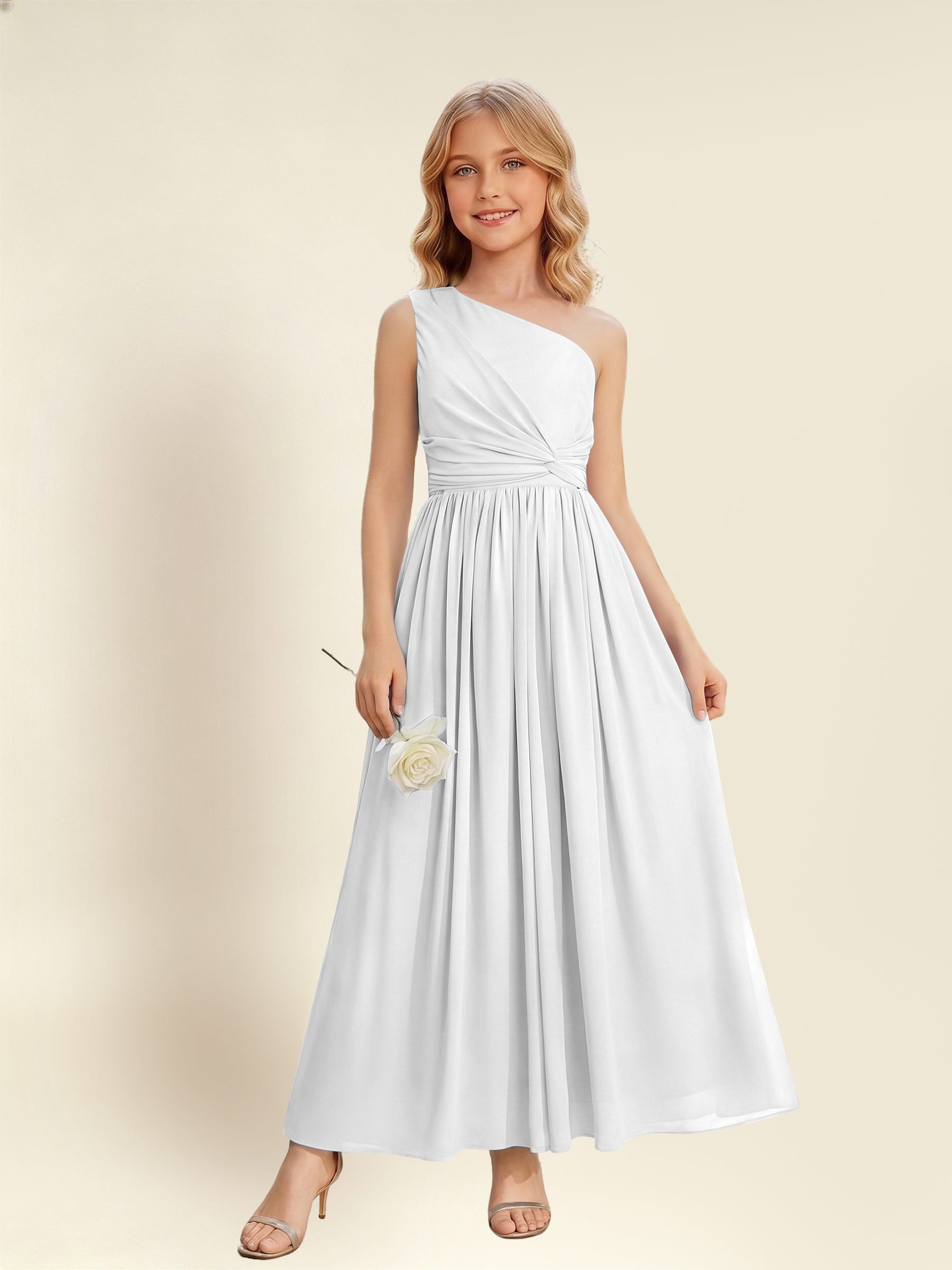 ROVDESY One Shoulder Twist Waist Chiffon Junior Bridesmaid Maxi Dress