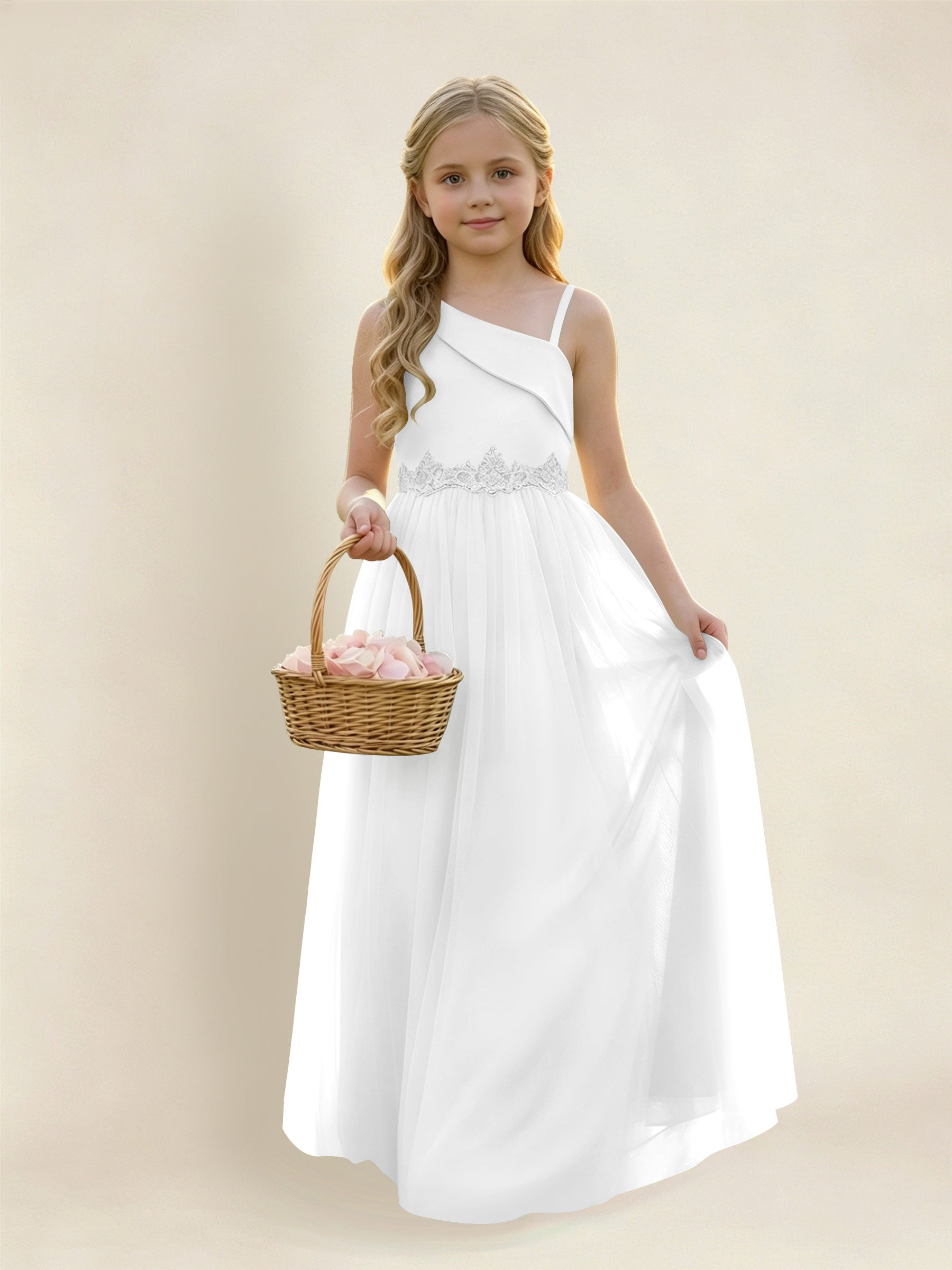 ROVDESY Asymmetric One Shoulder  Satin  Tulle Junior Bridesmaid Dress