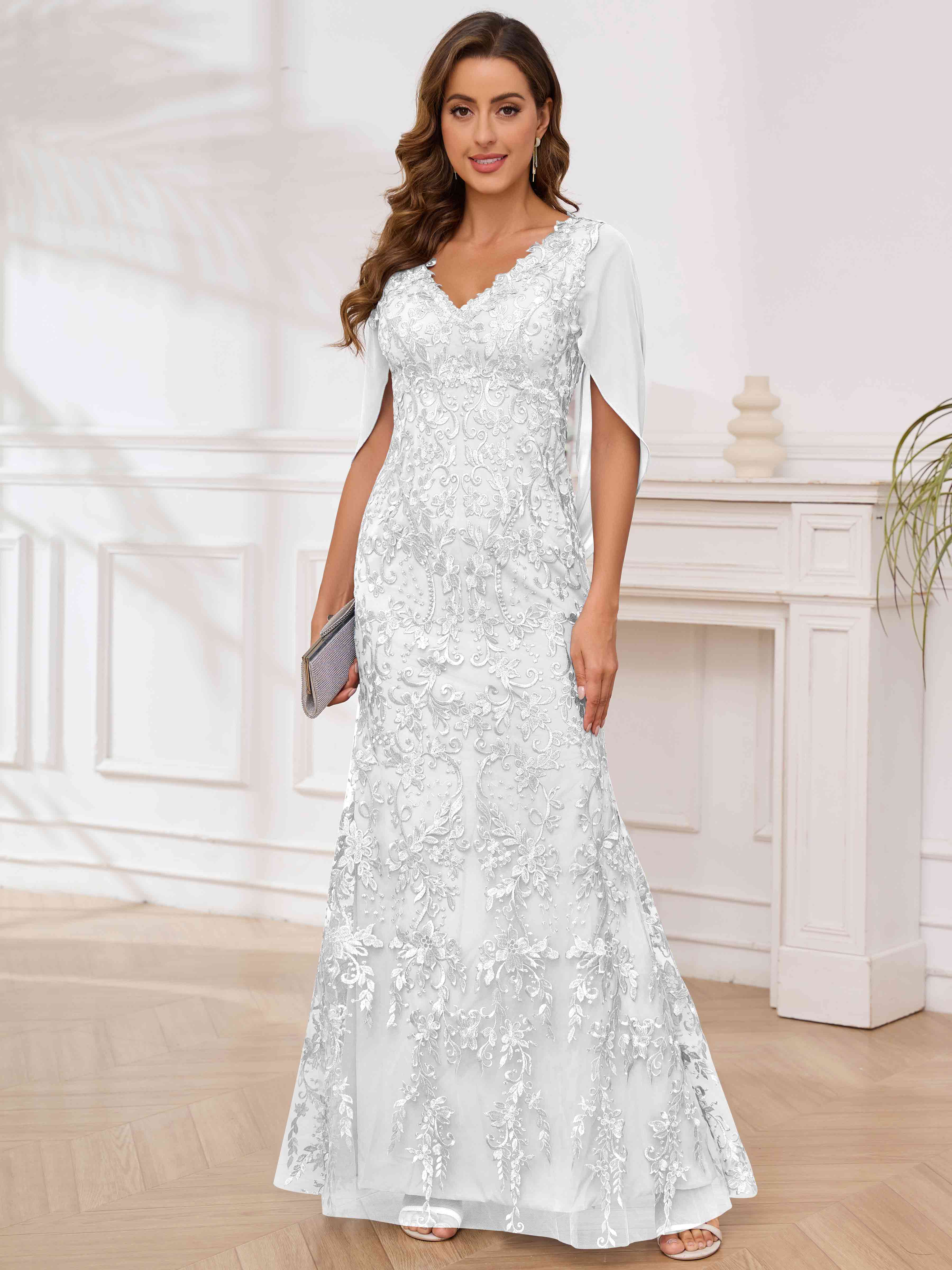 ROVDESY V-Neck Lace Mermaid Mother Of The Bride Dress With Cape Sleeves Long Formal Gown