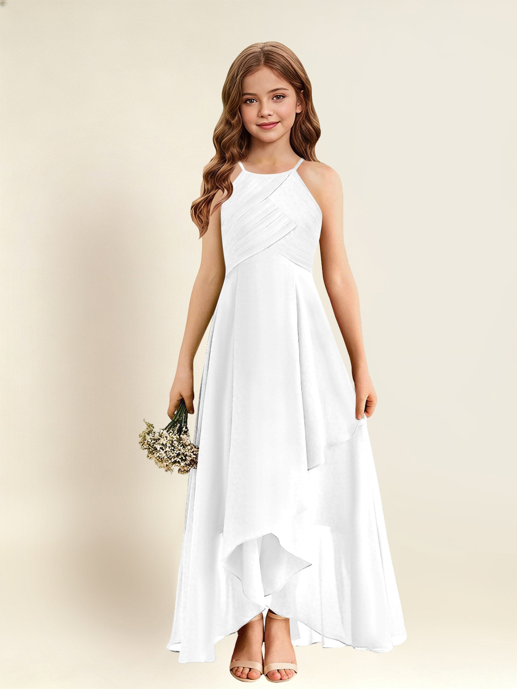 ROVDESY A-Line Halter Pleated Chiffon Junior Bridesmaid Dress