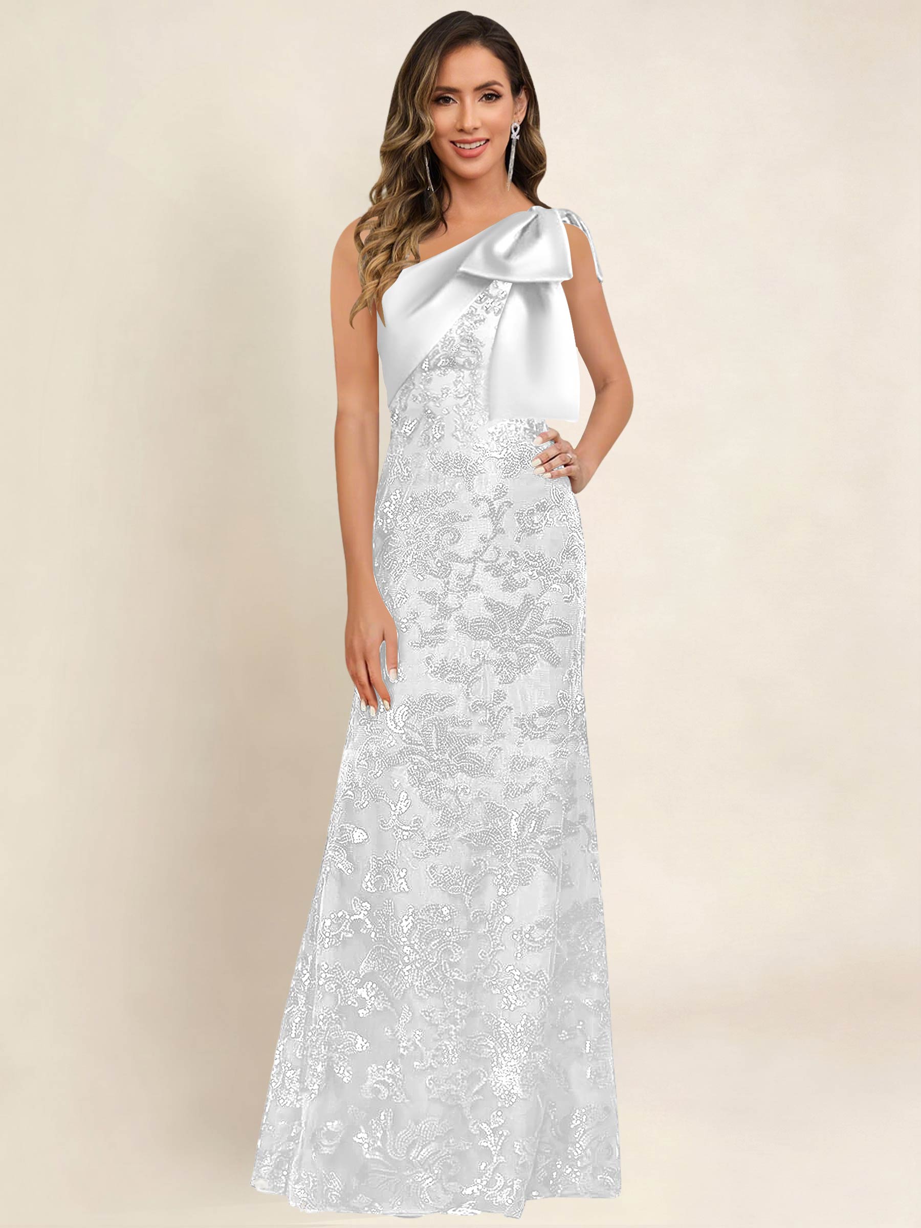 ROVDESY One Shoulder Sequin Mermaid Long Mother Of The Bride Dress Formal Gown With Bow