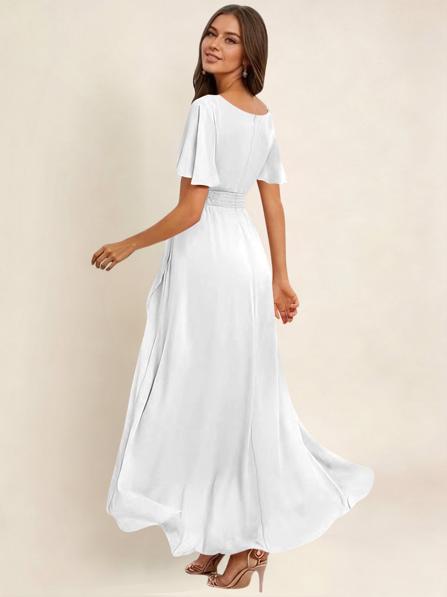 ROVDESY A-Line High Low Round Neck Pleated Ruffle Chiffon Bridesmaid Dress With Short Sleeves