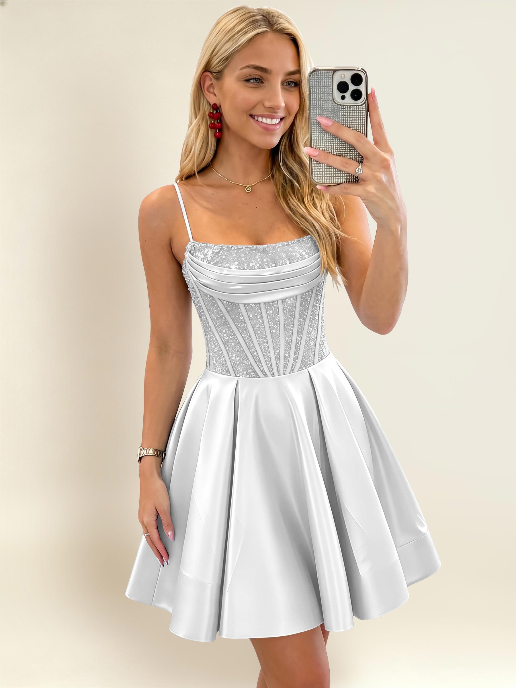 ROVDESY A-Line Spaghetti Strap Sequin Corset Satin Homecoming Mini Dress