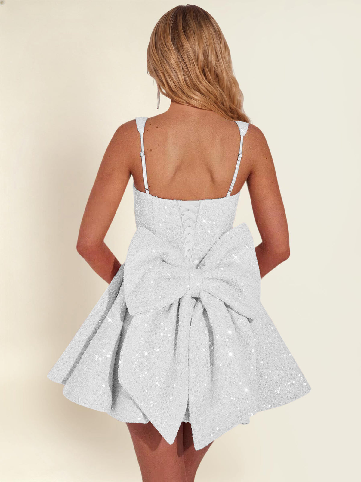 ROVDESY Sparkly Sequin A-Line Square Neck Homecoming Mini Dress With Big Bow