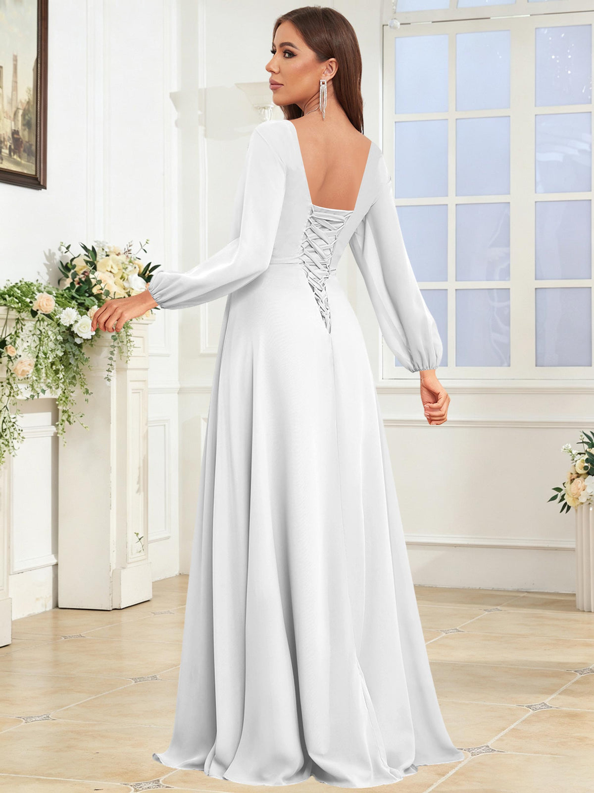 V Neck Chiffon Long Sleeve Bridesmaid Dresses with Slit