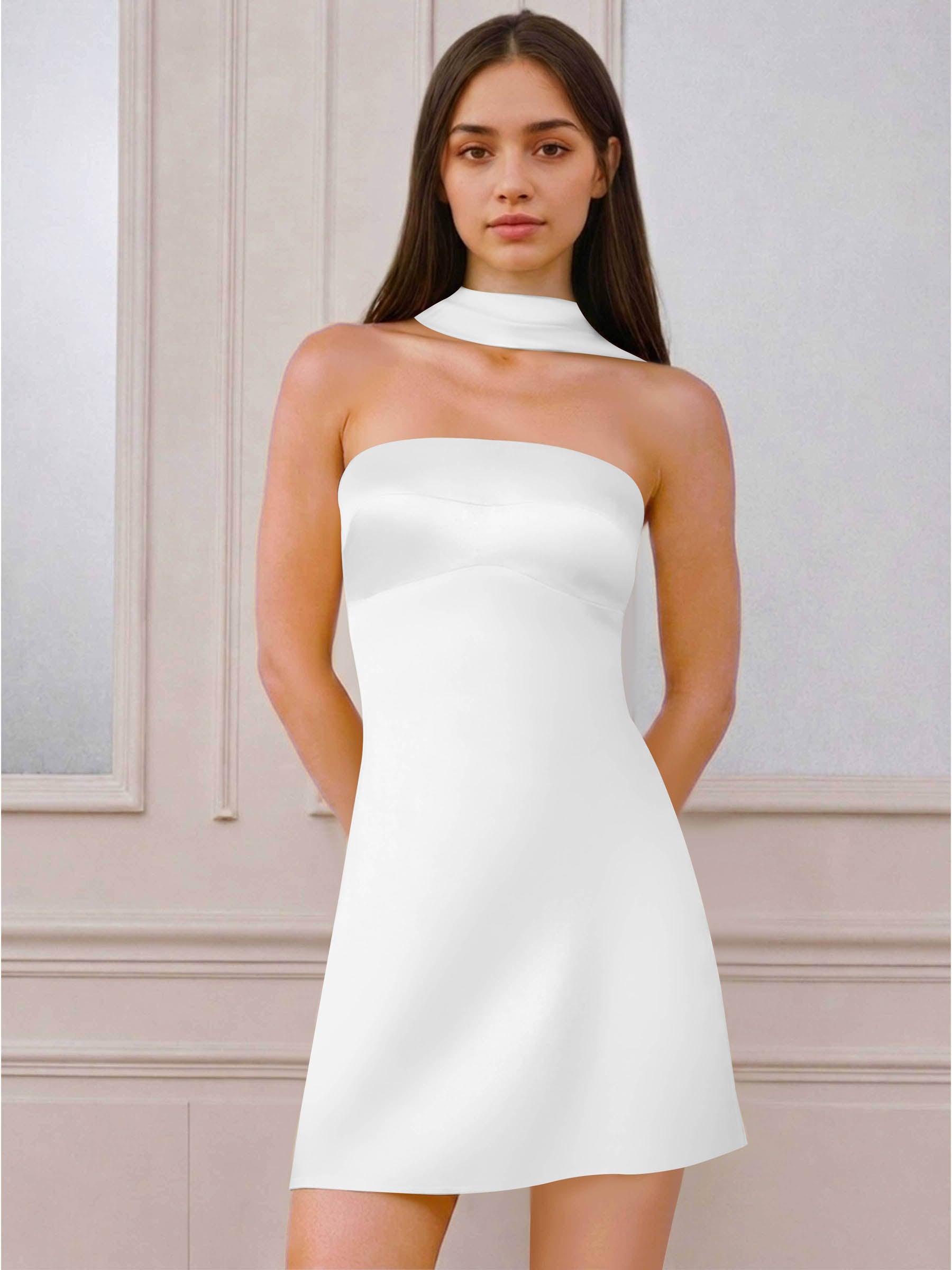 ROVDESY A-Line Halter Neck Satin Homecoming Mini Dress