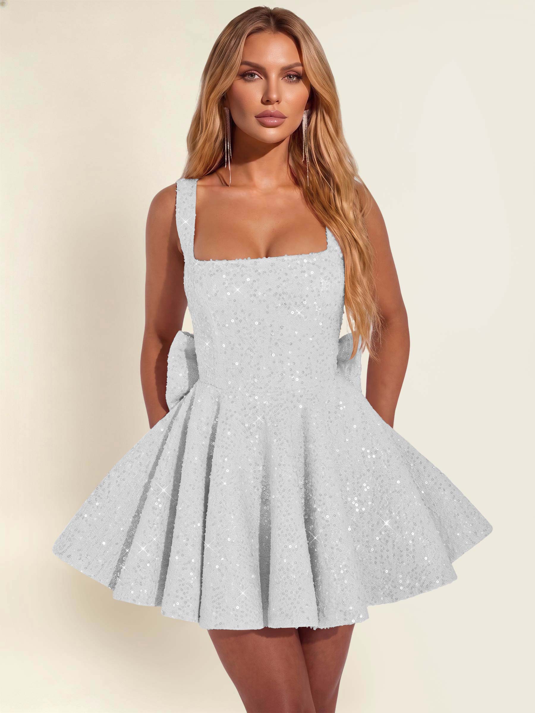 ROVDESY Sparkly Sequin A-Line Square Neck Homecoming Mini Dress With Big Bow