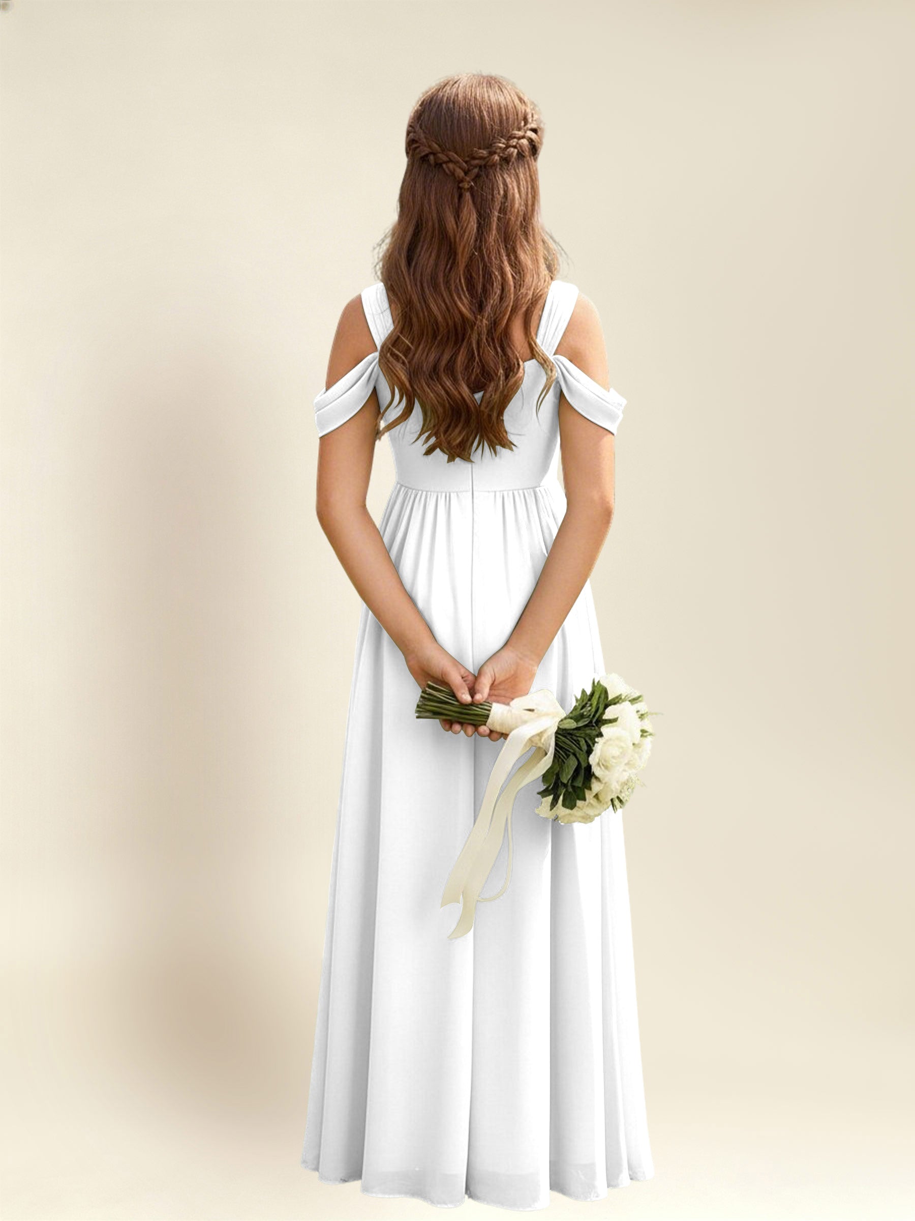 ROVDESY A-Line Off The Shoulder Pleated Chiffon Junior Bridesmaid Dress