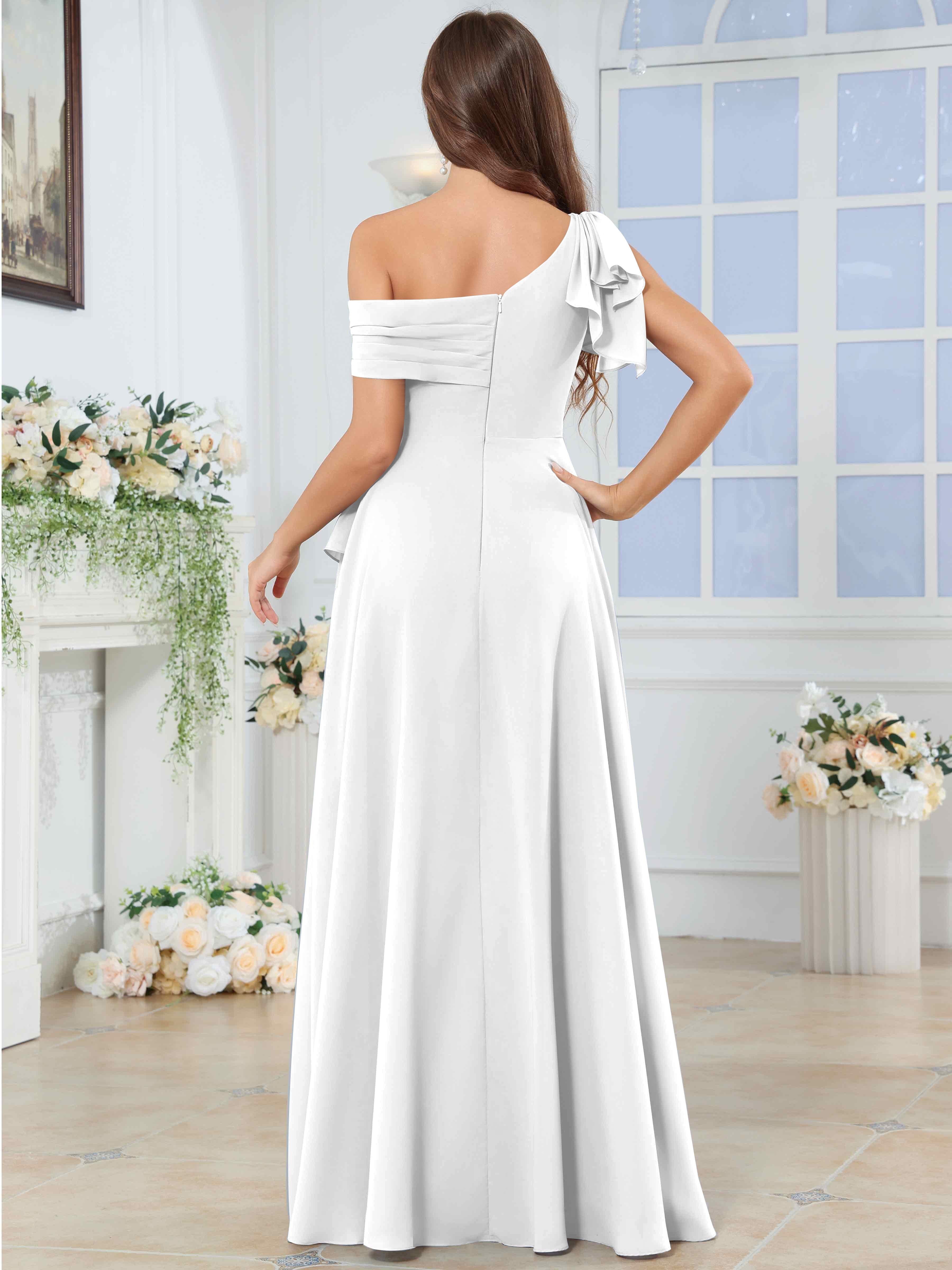 ROVDESY One Shoulder Pleated Ruffle Chiffon Bridesmaid Dress With Slit
