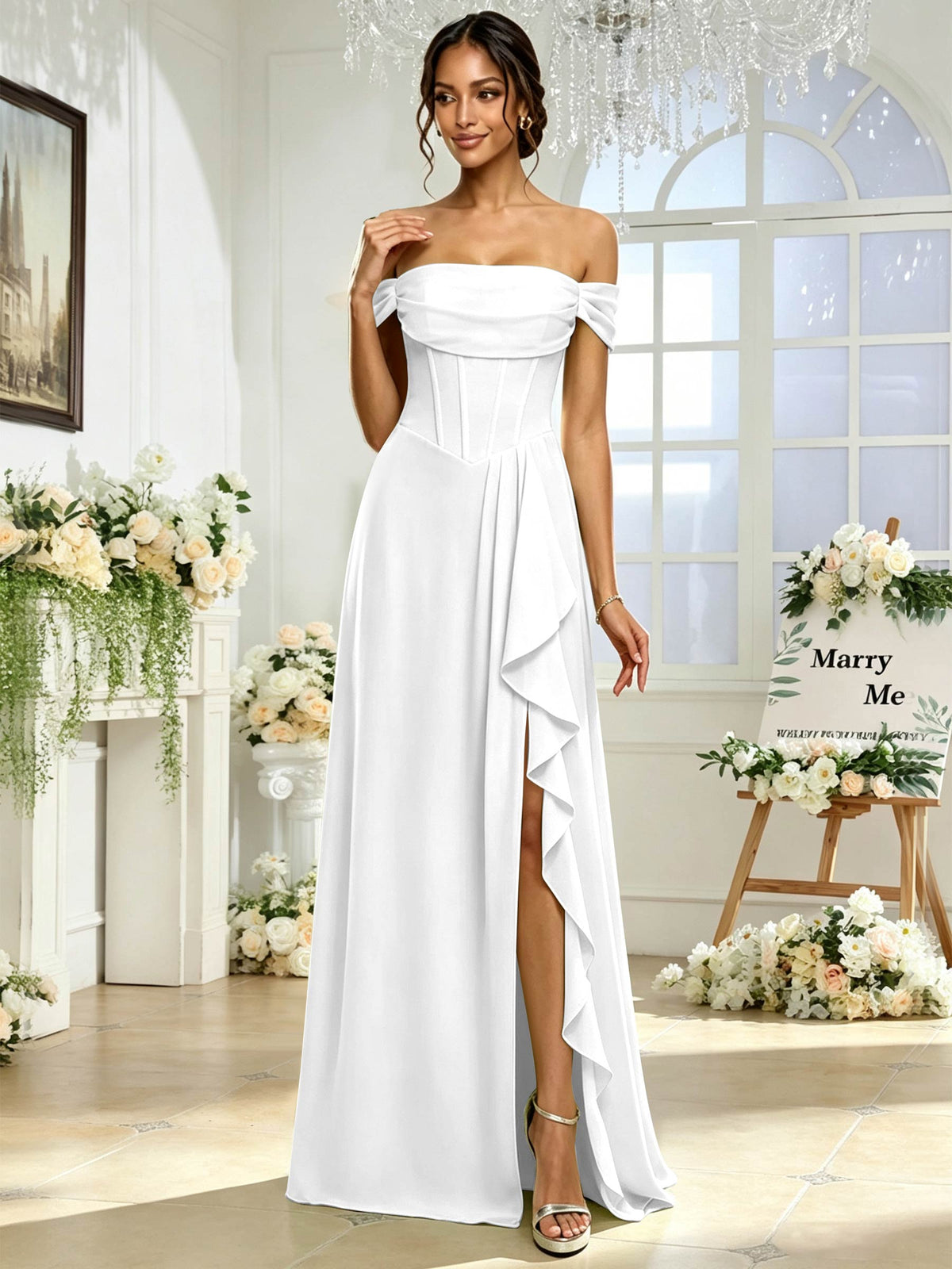 Off the Shoulder Chiffon A Line Long Bridesmaid Dress with Slit
