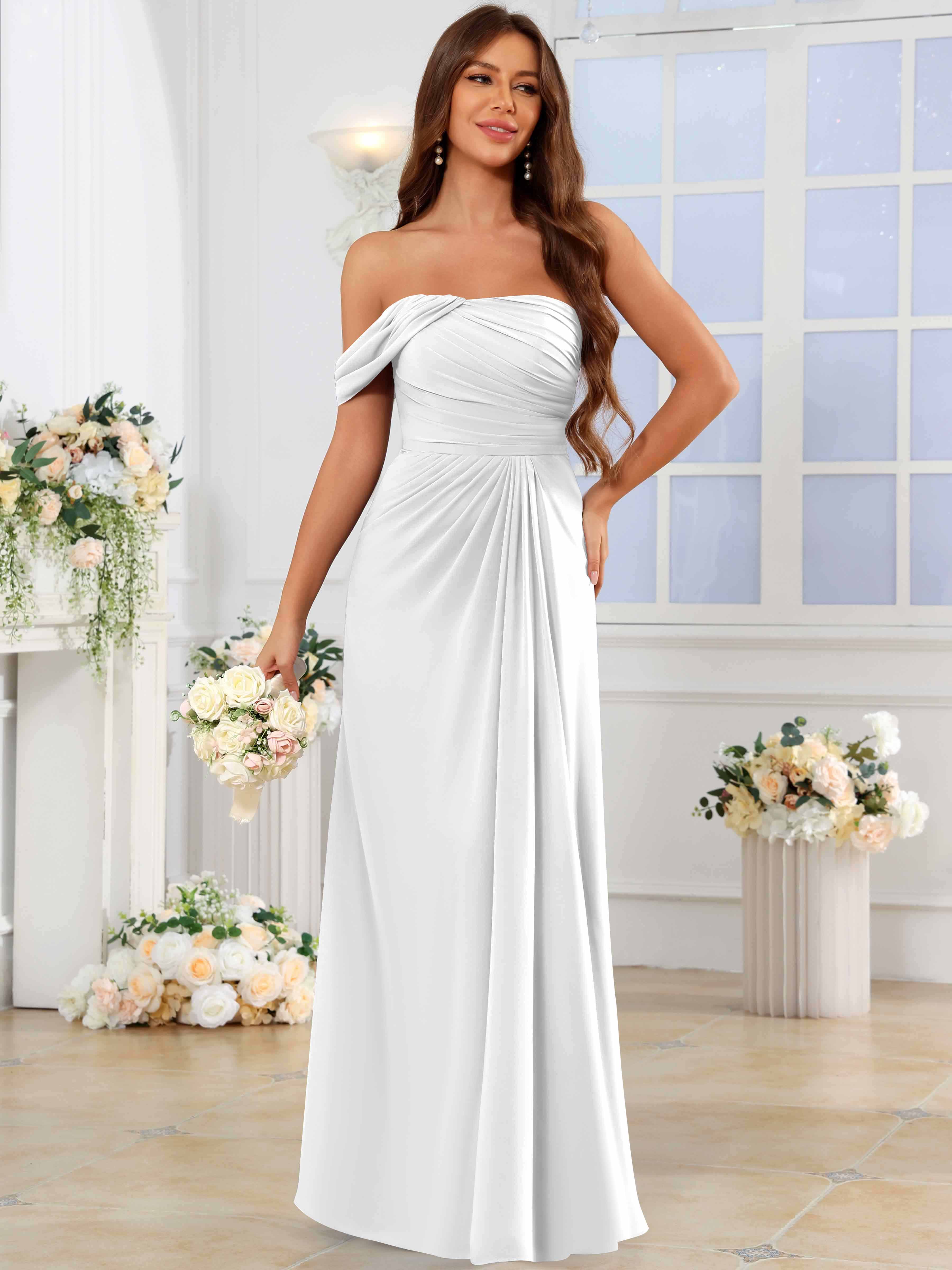 ROVDESY One Shoulder Off The Shoulder Pleated Chiffon Bridesmaid Dress