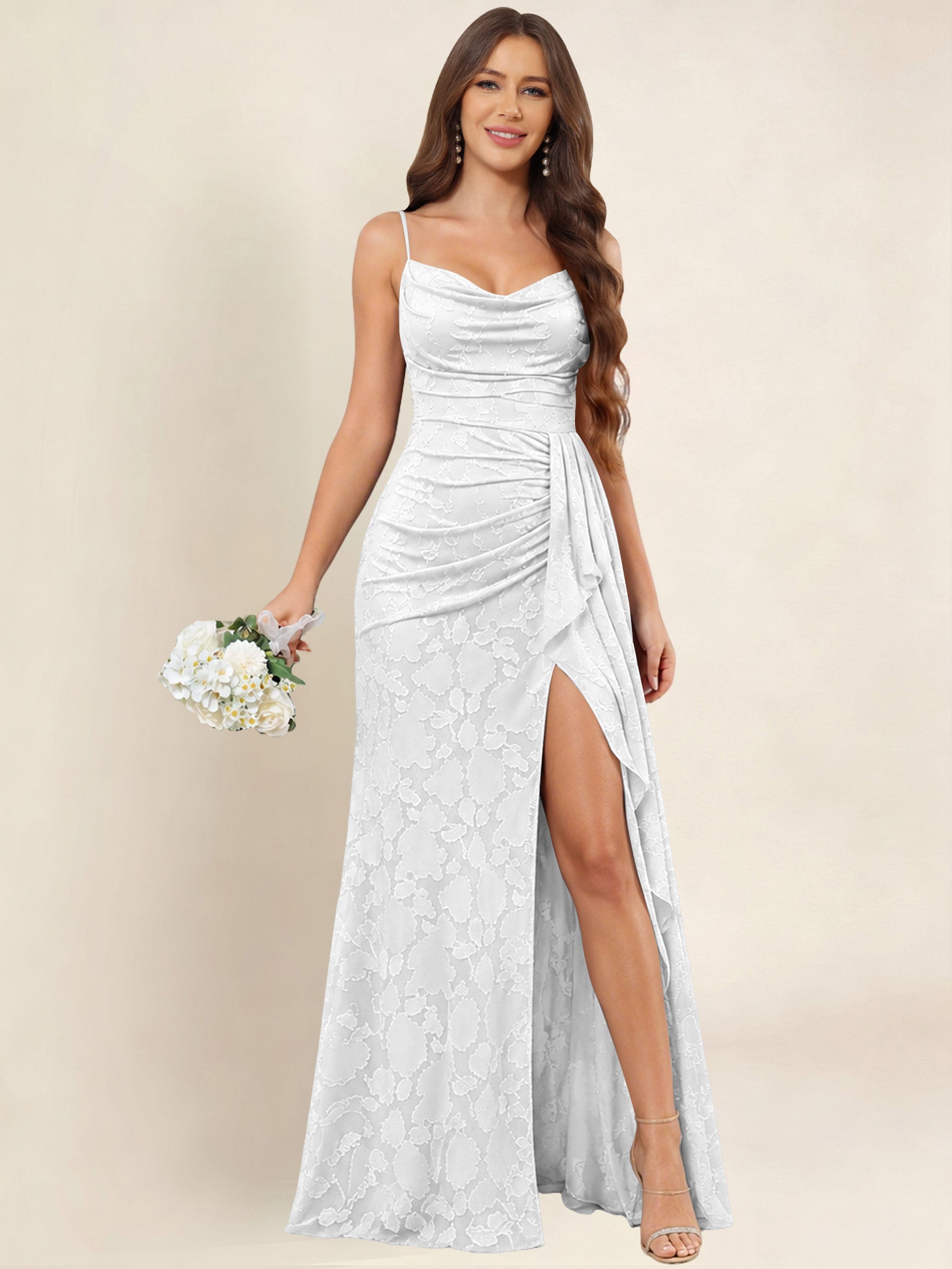 ROVDESY  Cowl Neck Ruffle Mermaid Chiffon Jacquard Bridesmaid/Prom Dress With Slit