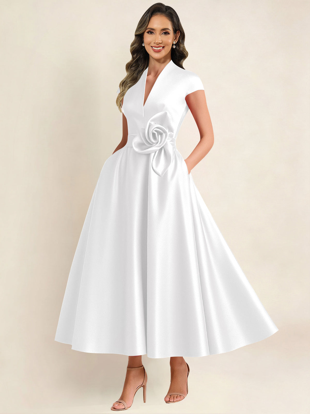 A Line V Neck 3D Flower Satin Mother of the Bride Dress
