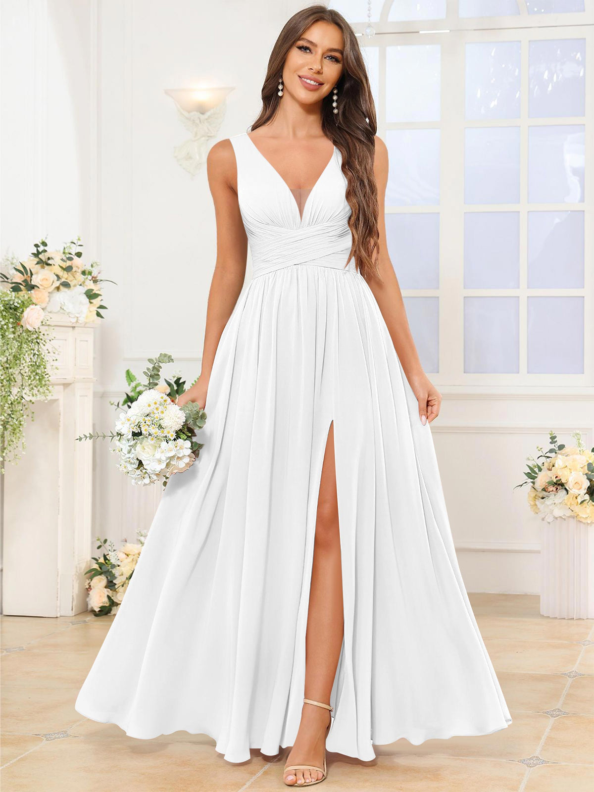 V Neck Chiffon A Line Bridesmaid Dress with Slit
