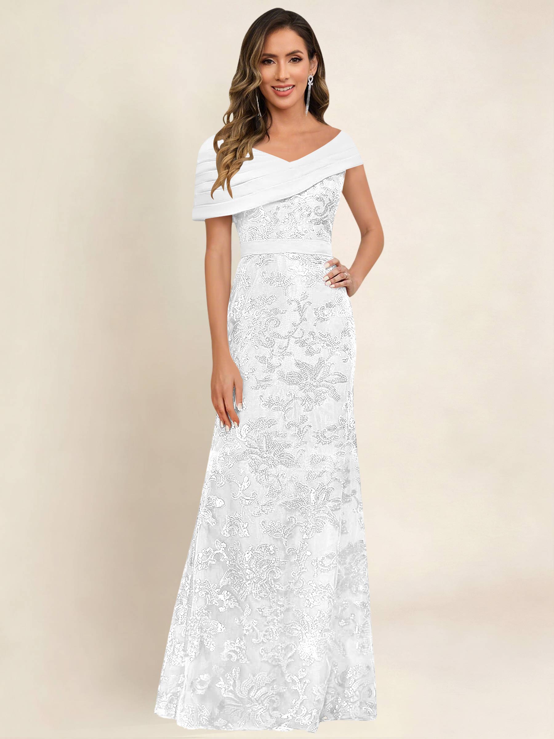 ROVDESY Off the Shoulder Sequin Mermaid Long Mother Of The Bride Dress Formal Gown