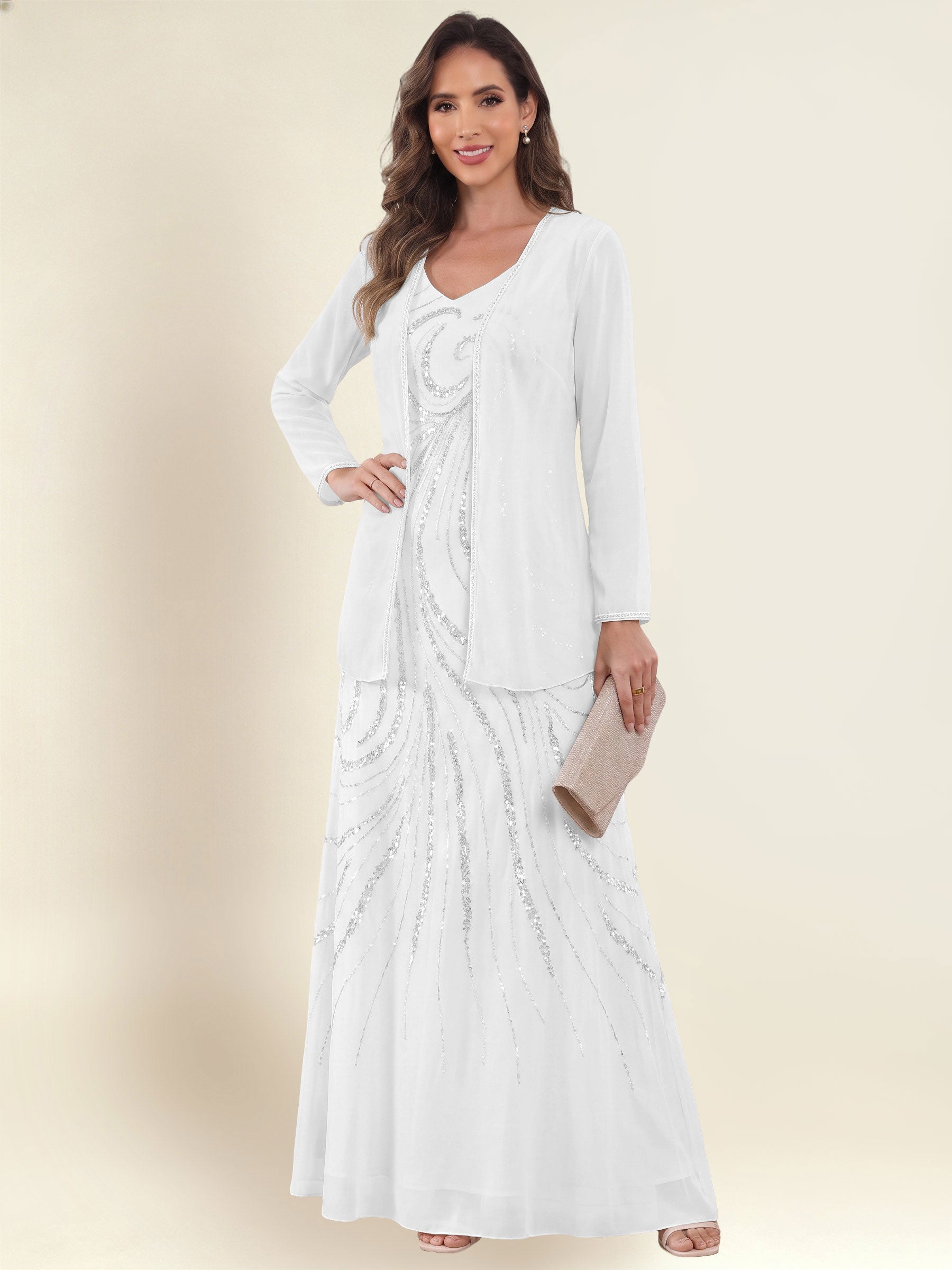 ROVDESY 2 Pieces V-Neck Sequin Chiffon Long Mother Of The Bride Dress With Long Sleeve Jacket