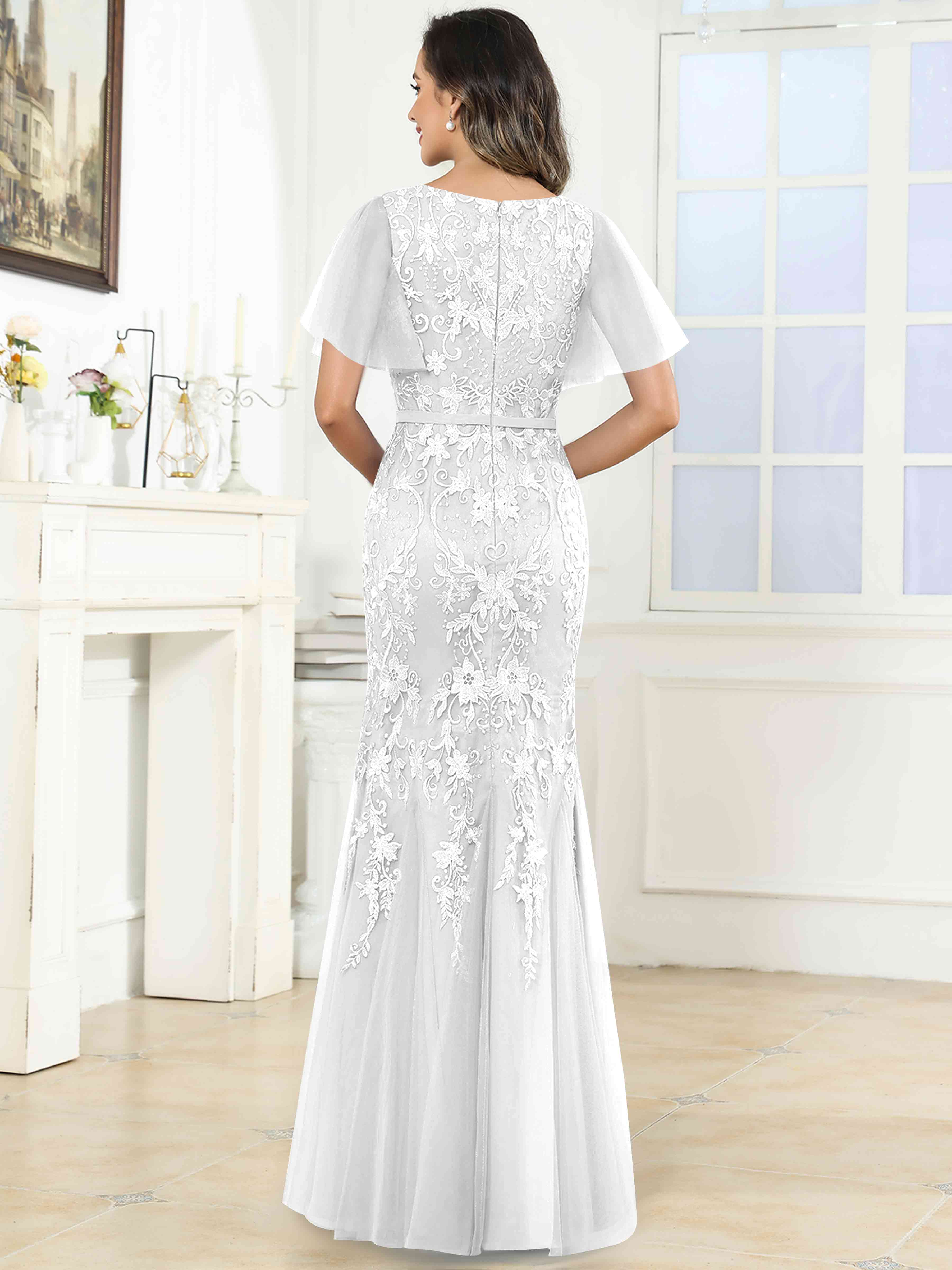 ROVDESY Elegant V-Neck Lace Mermaid Long Mother Of The Bride Dress Formal Gown With Sleeves