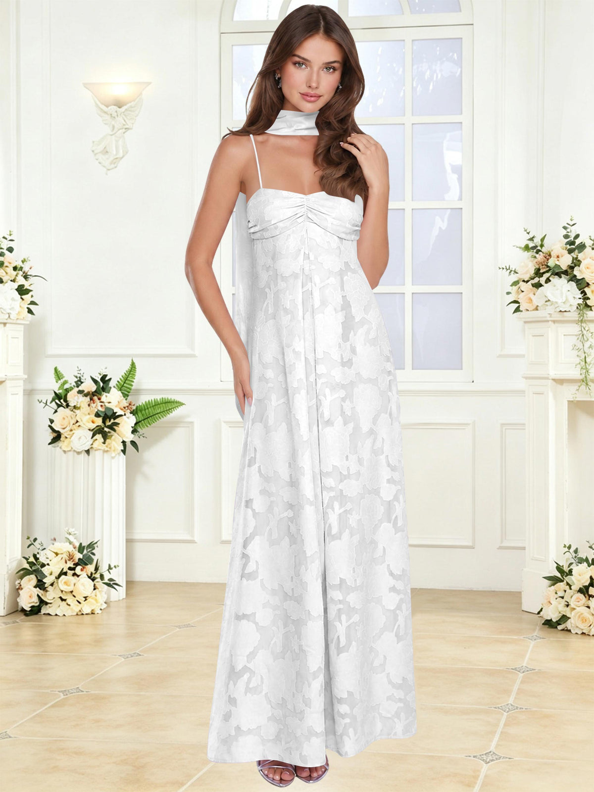 Spaghetti Strap Ruched Floral Jacquard A Line Bridesmaid Dress with Scarf