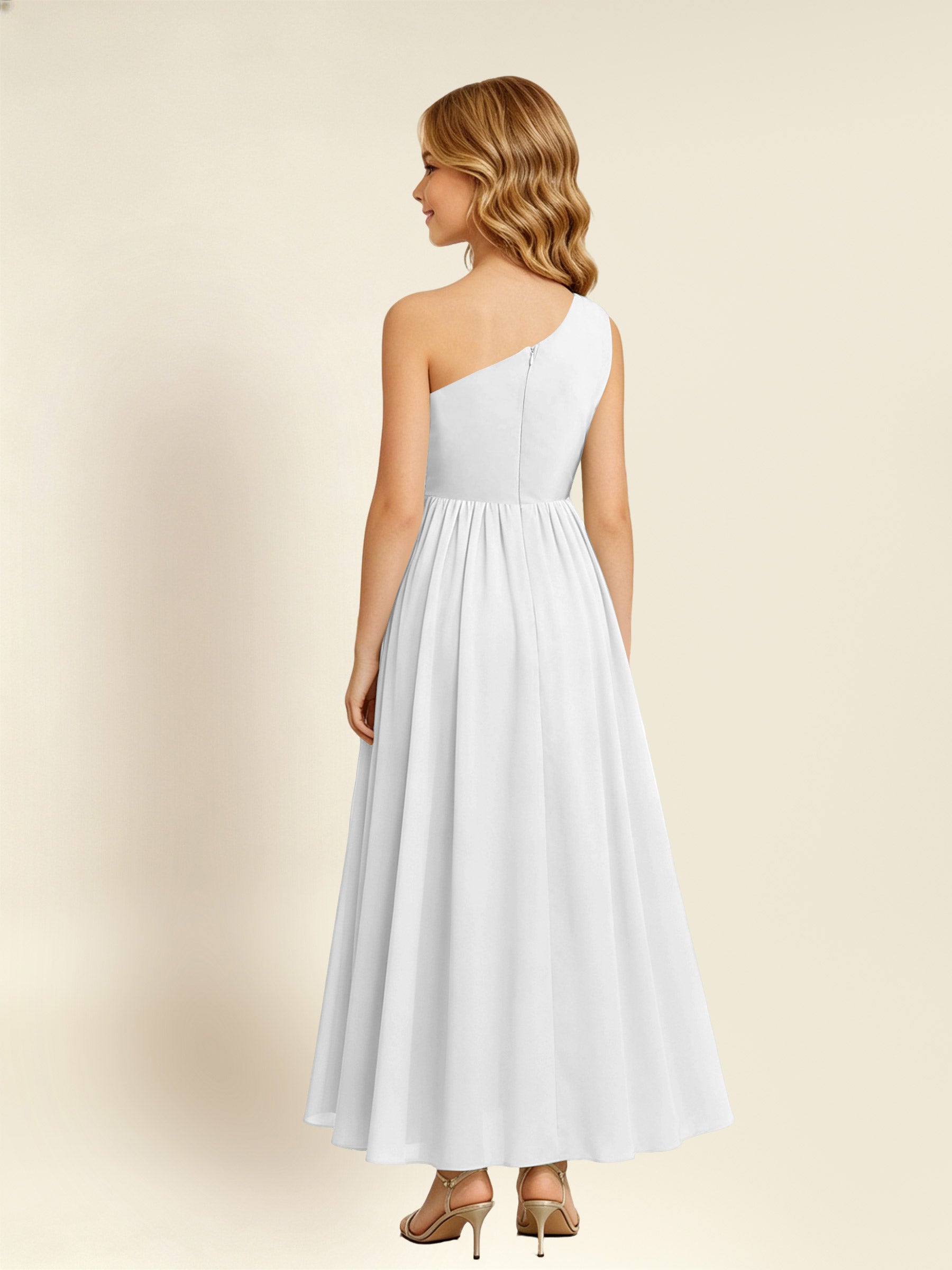 ROVDESY One Shoulder Twist Waist Chiffon Junior Bridesmaid Maxi Dress