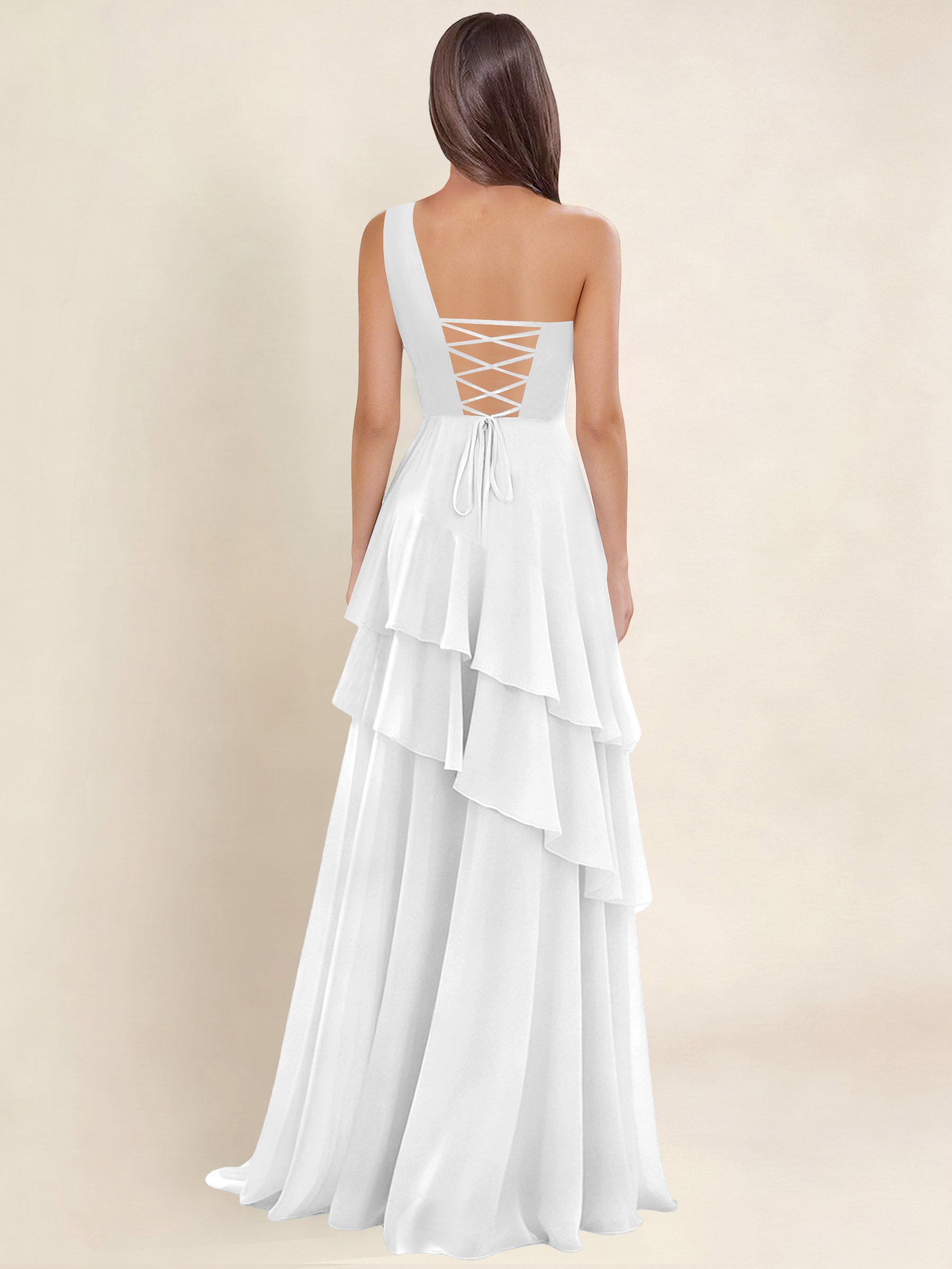 ROVDESY A-Line One Shoulder Pleated Tiered Chiffon Bridesmaid Dress