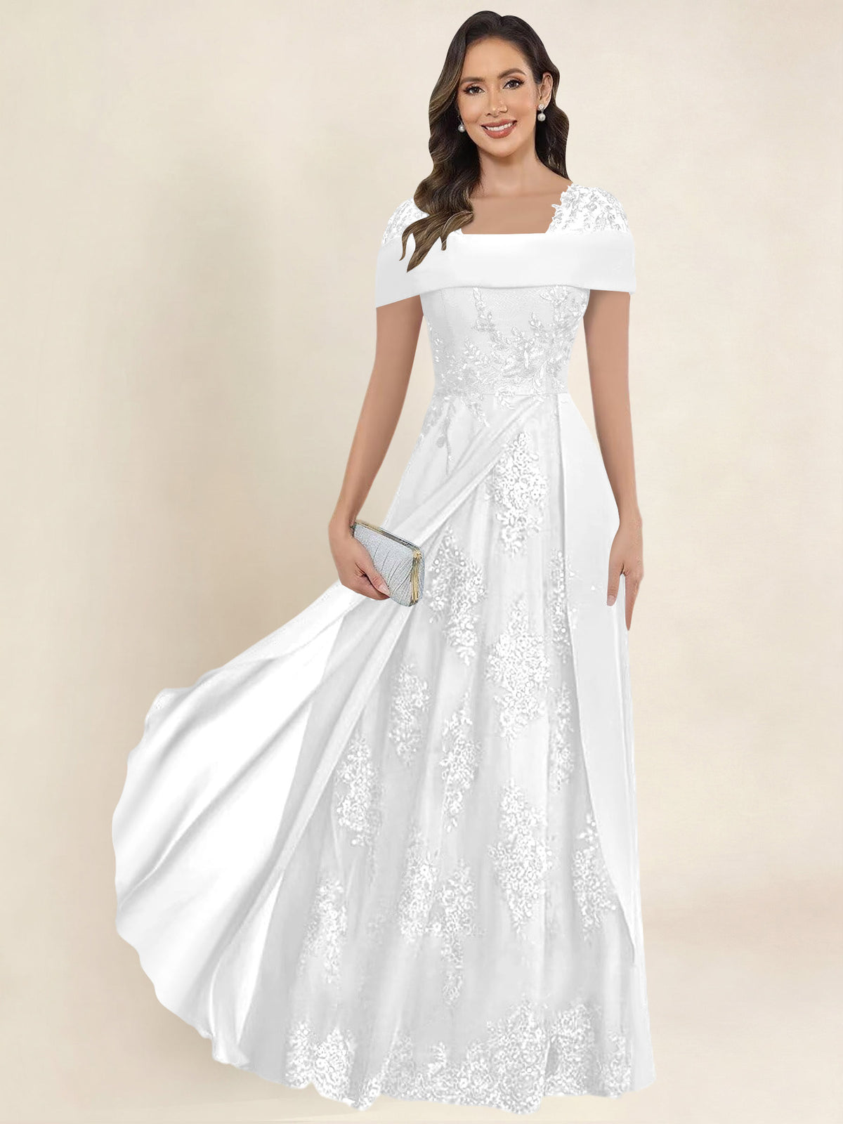 ROVDESY A-Line Off The Shoulder Lace Chiffon Long Mother of the Bride Dress Formal Gown
