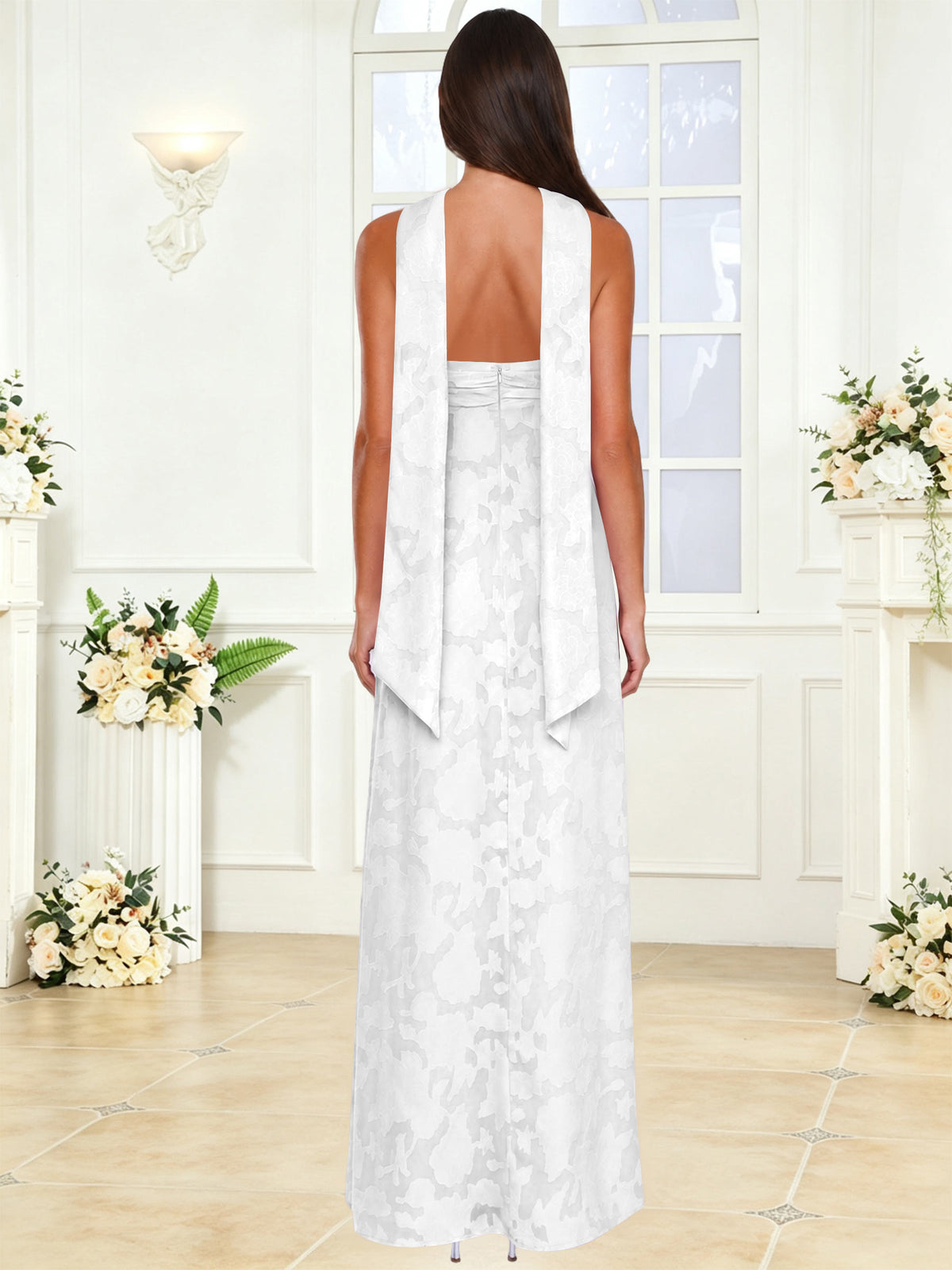 Spaghetti Strap Ruched Floral Jacquard A Line Bridesmaid Dress with Scarf