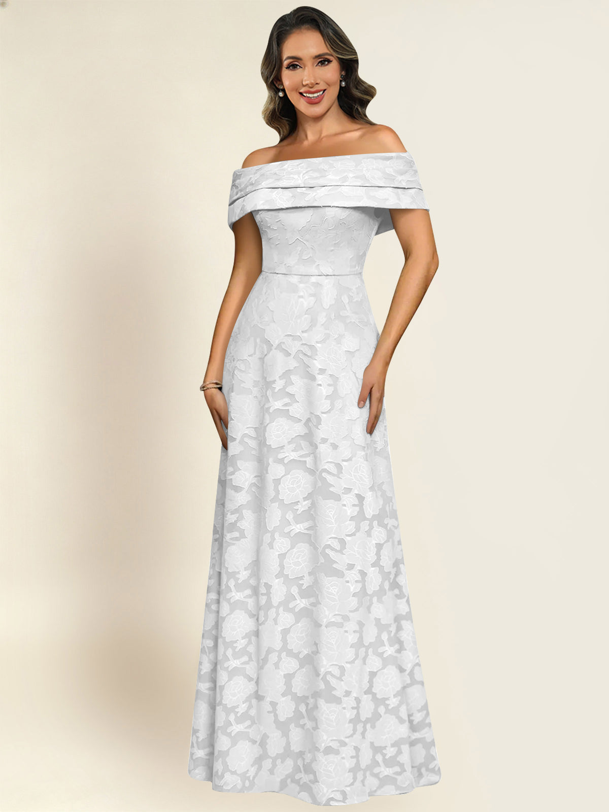 ROVDESY Off the Shoulder Floral Jacquard A-Line Long Mother of the Bride Dress