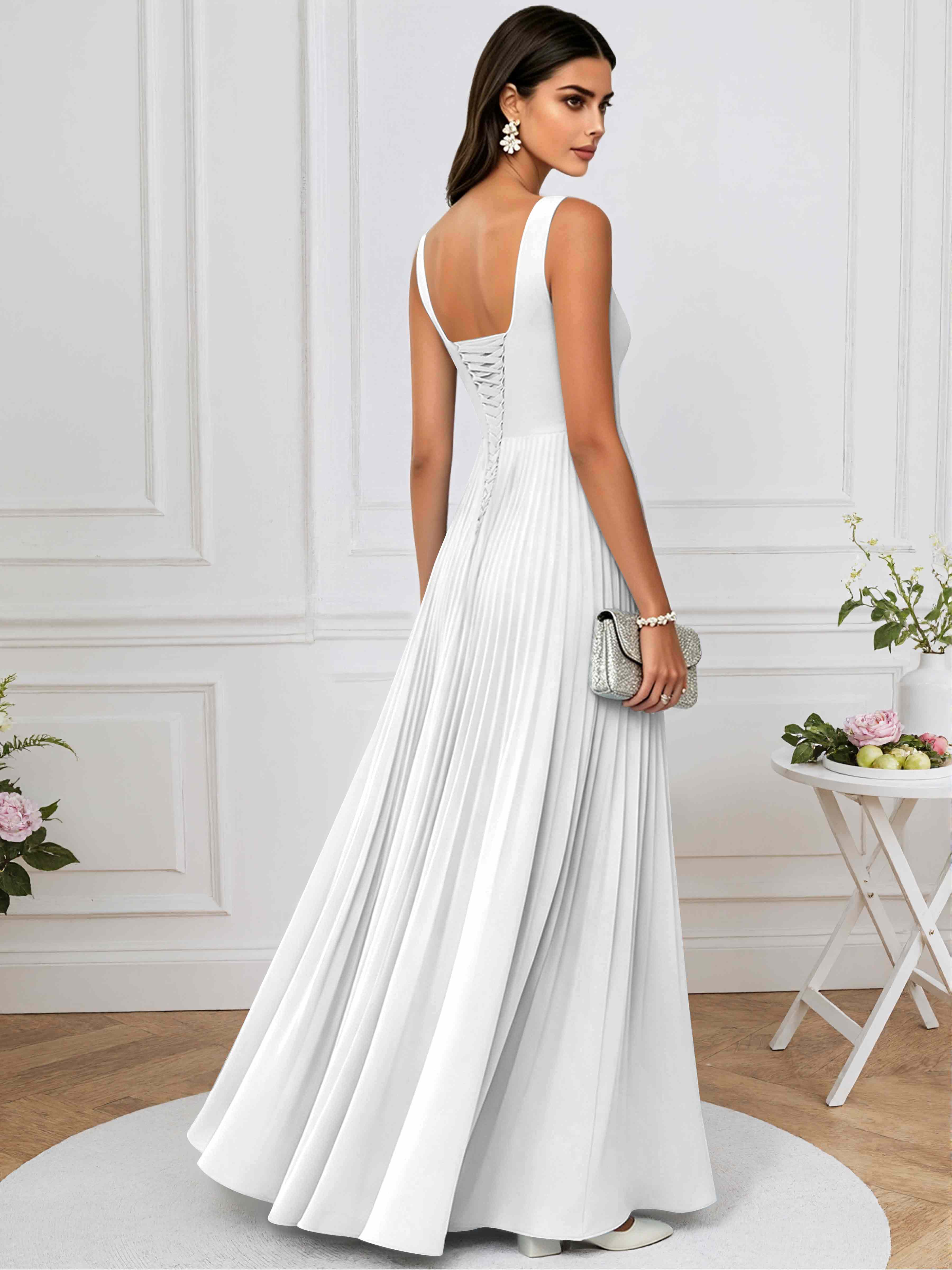 ROVDESY A-Line Square Neck Pleated Chiffon Long Bridesmaid/Prom Dress
