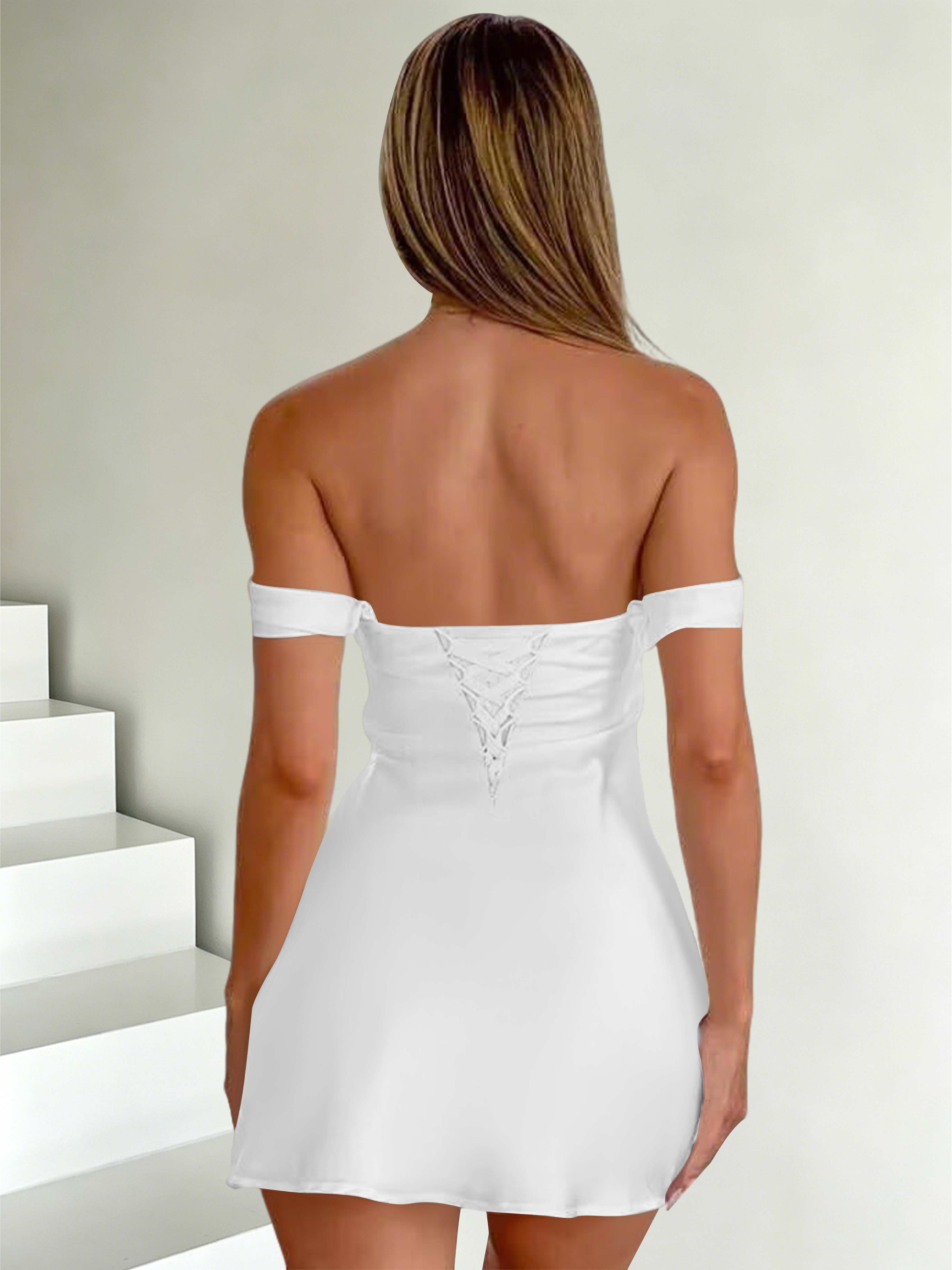 ROVDESY Off The Shoulder A-Line Pleated Satin Homecoming Mini Dress